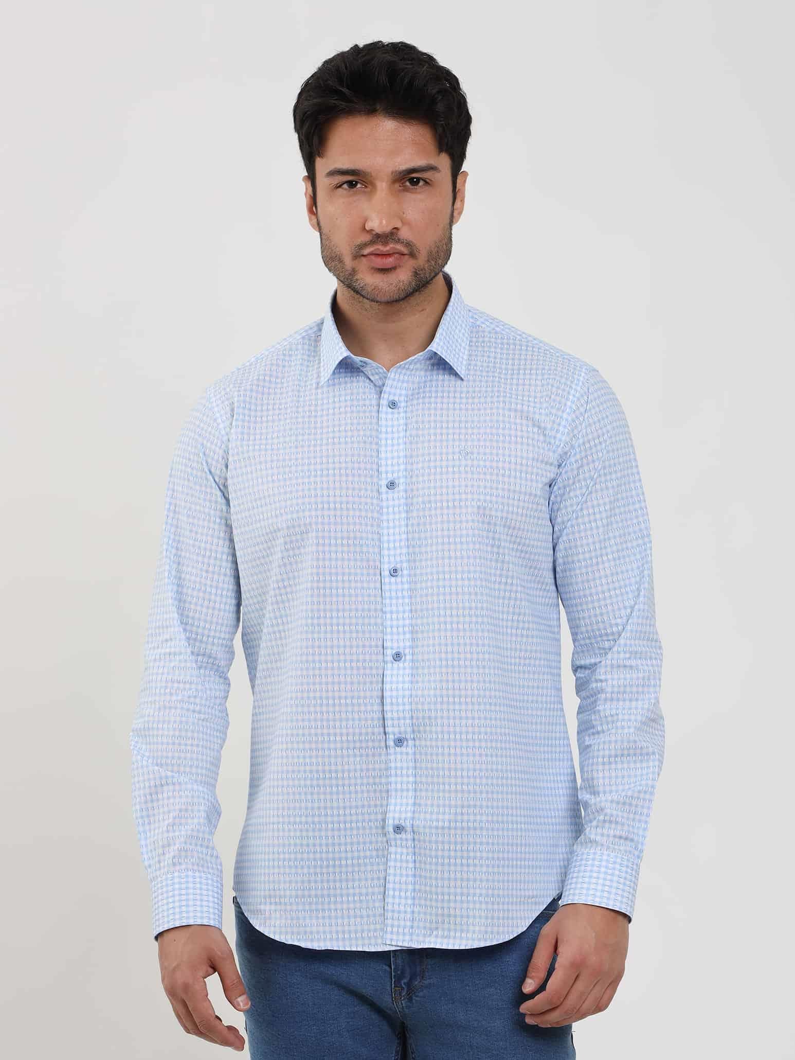 Dufy Mavi Erkek Slim Fit Kareli Brent Yaka Uzun Kol Gömlek - 102384