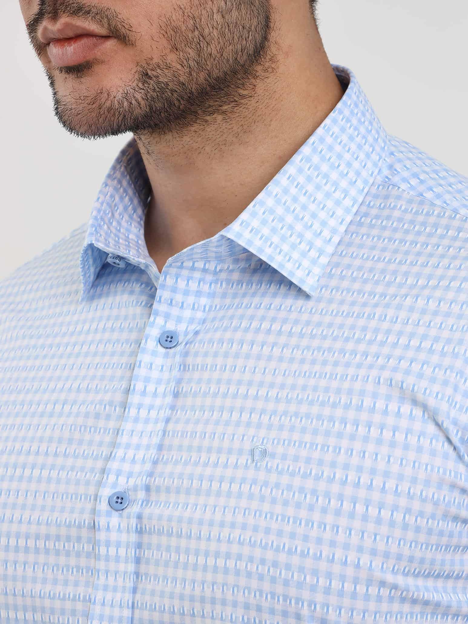 Dufy Mavi Erkek Slim Fit Kareli Brent Yaka Uzun Kol Gömlek - 102384