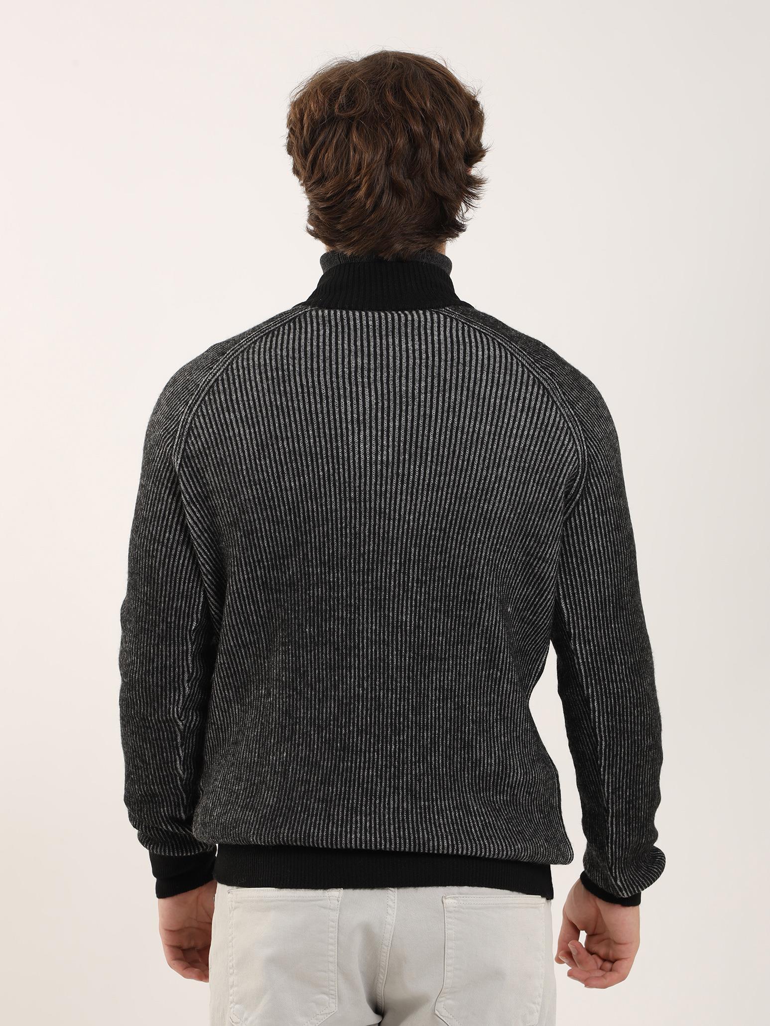 Dufy Siyah Erkek  Fermuarlı Dik Yaka Triko - 91167