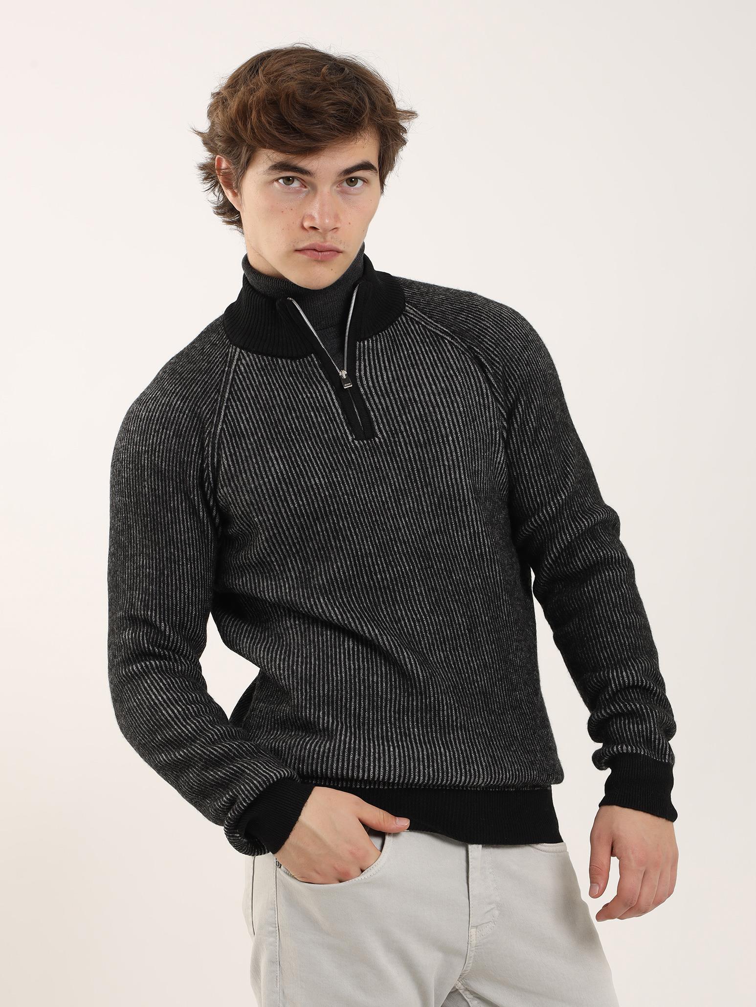 Dufy Siyah Erkek  Fermuarlı Dik Yaka Triko - 91167