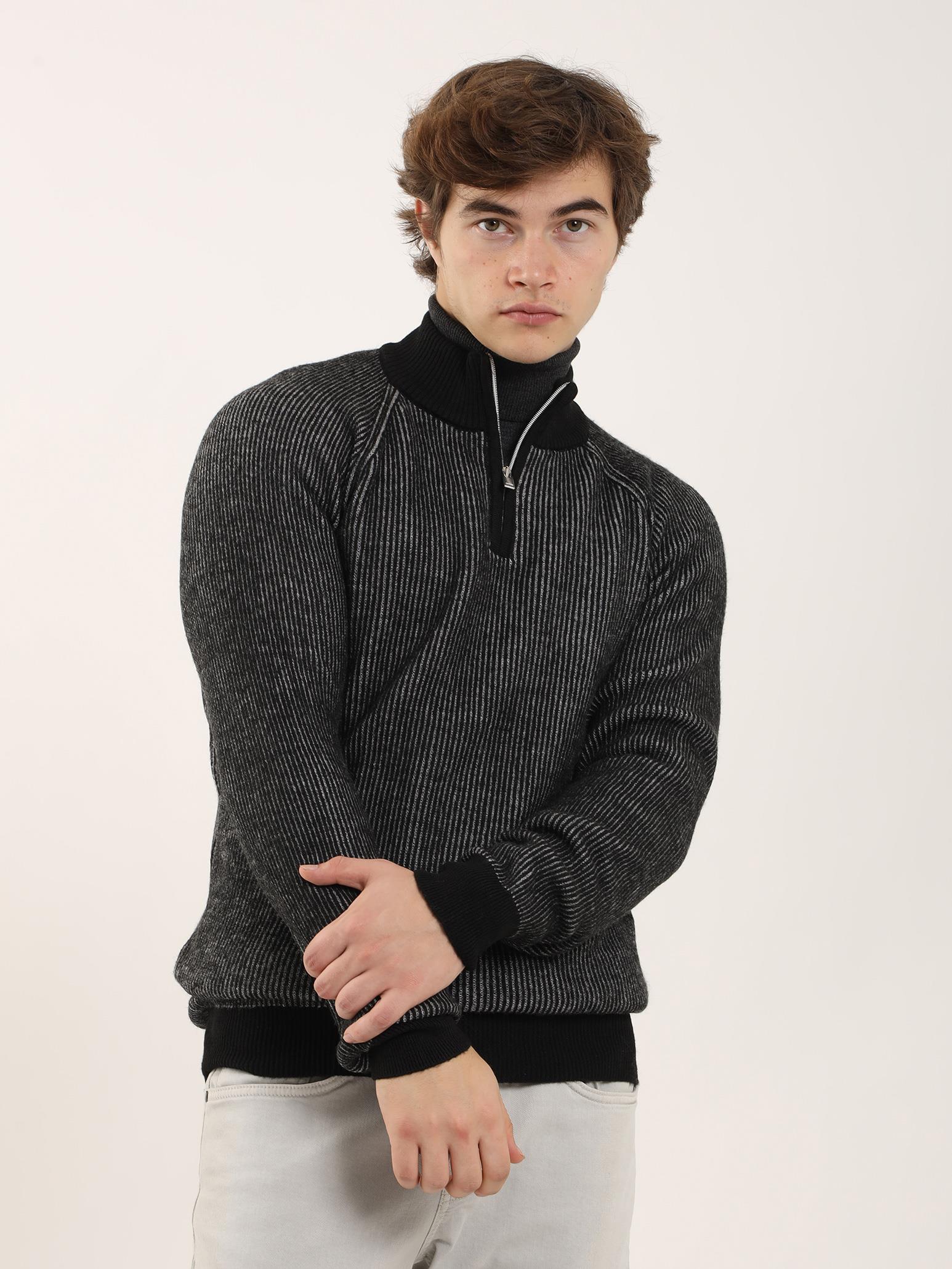 Dufy Siyah Erkek  Fermuarlı Dik Yaka Triko - 91167