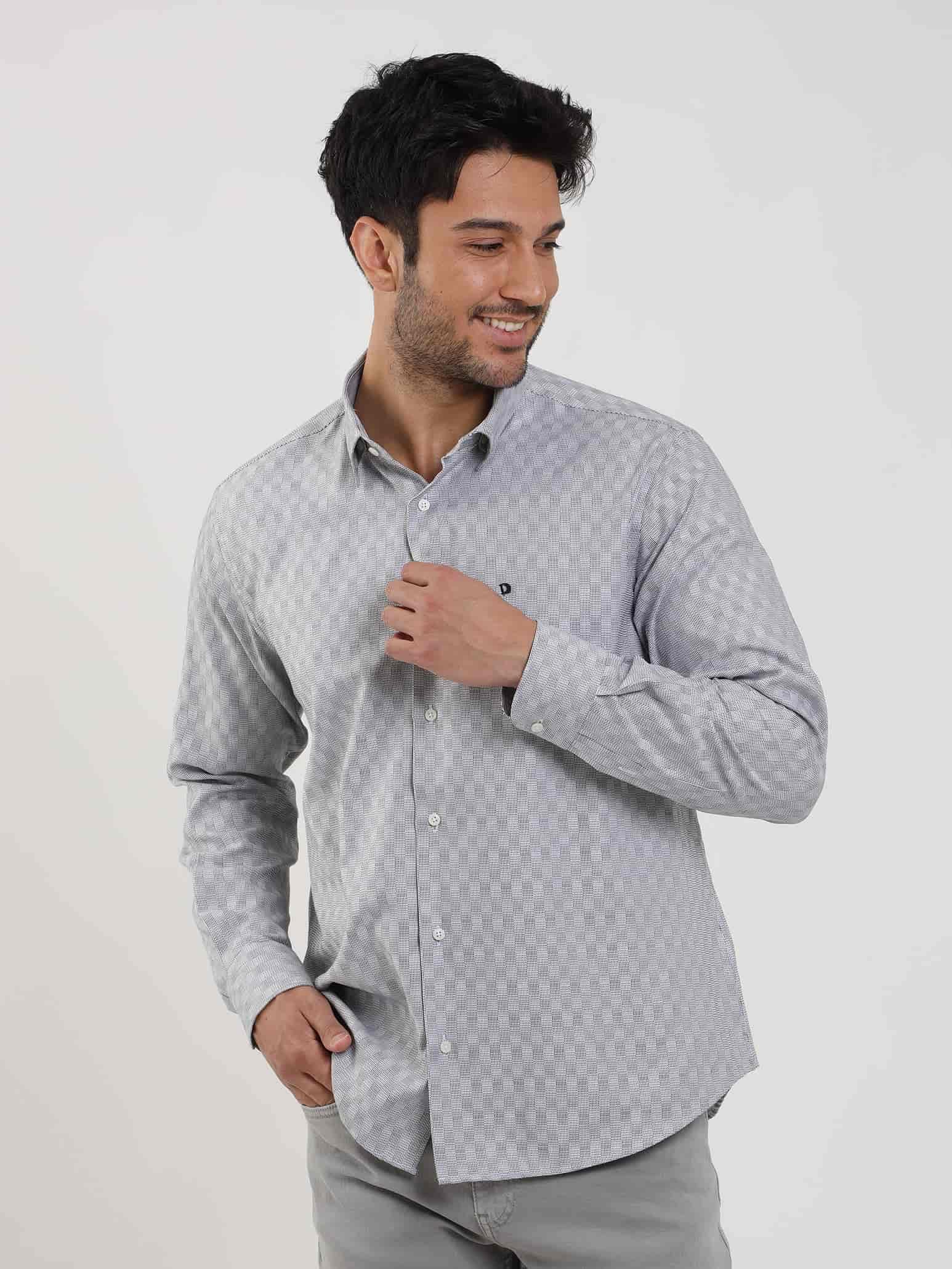 Dufy Siyah Erkek Regular Fit Desenli Düğmeli Yaka Uzun Kol Gömlek - 99474