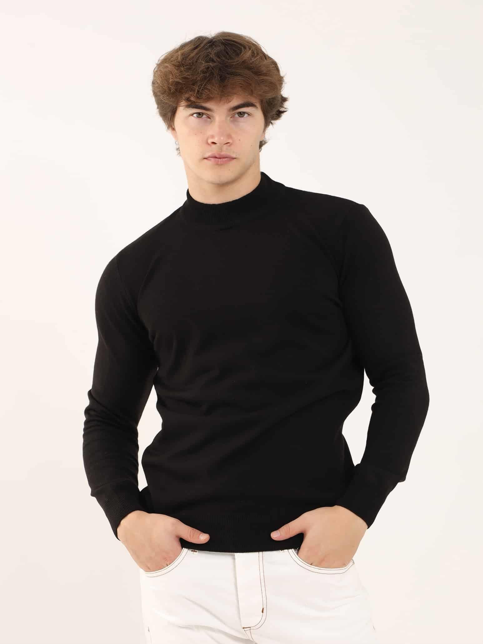 Dufy Siyah Erkek Slim Fit Düz Klasik Yarım Balıkçı Yaka Kazak - 91107