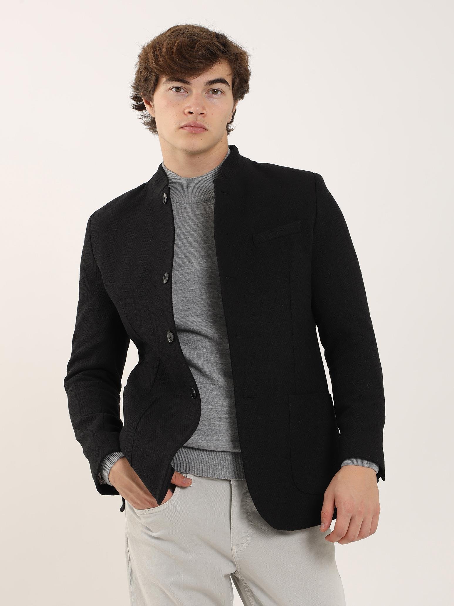 Dufy Siyah Erkek Slim Fit Mono Yaka Ceket - 91215