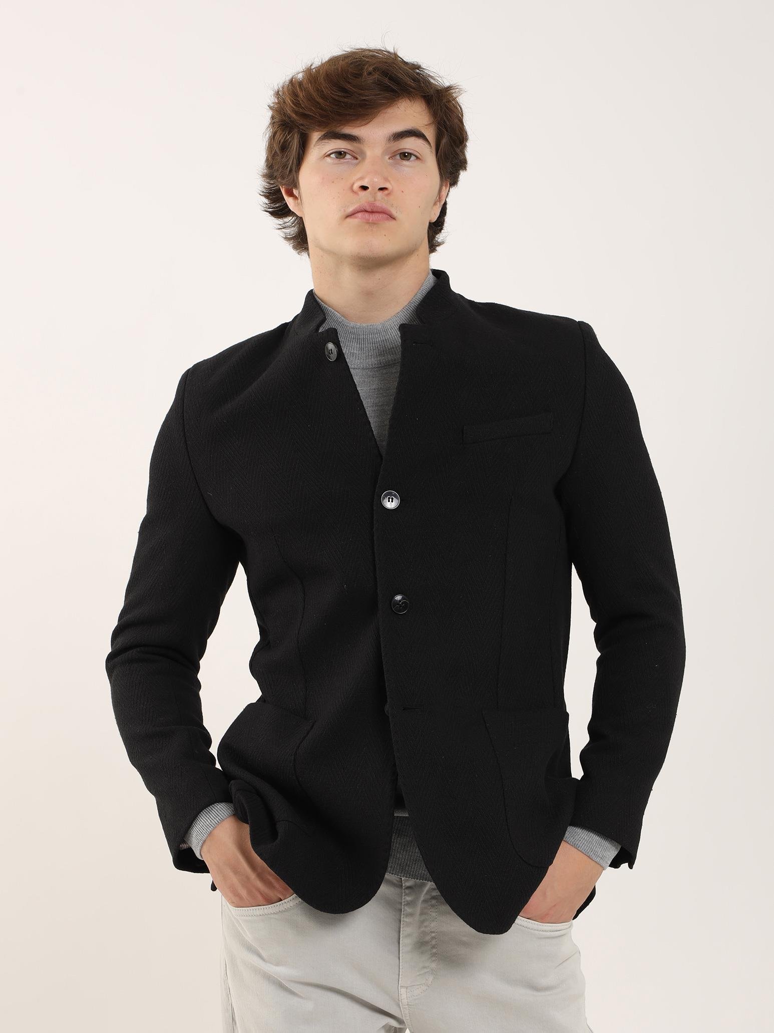 Dufy Siyah Erkek Slim Fit Mono Yaka Ceket - 91215