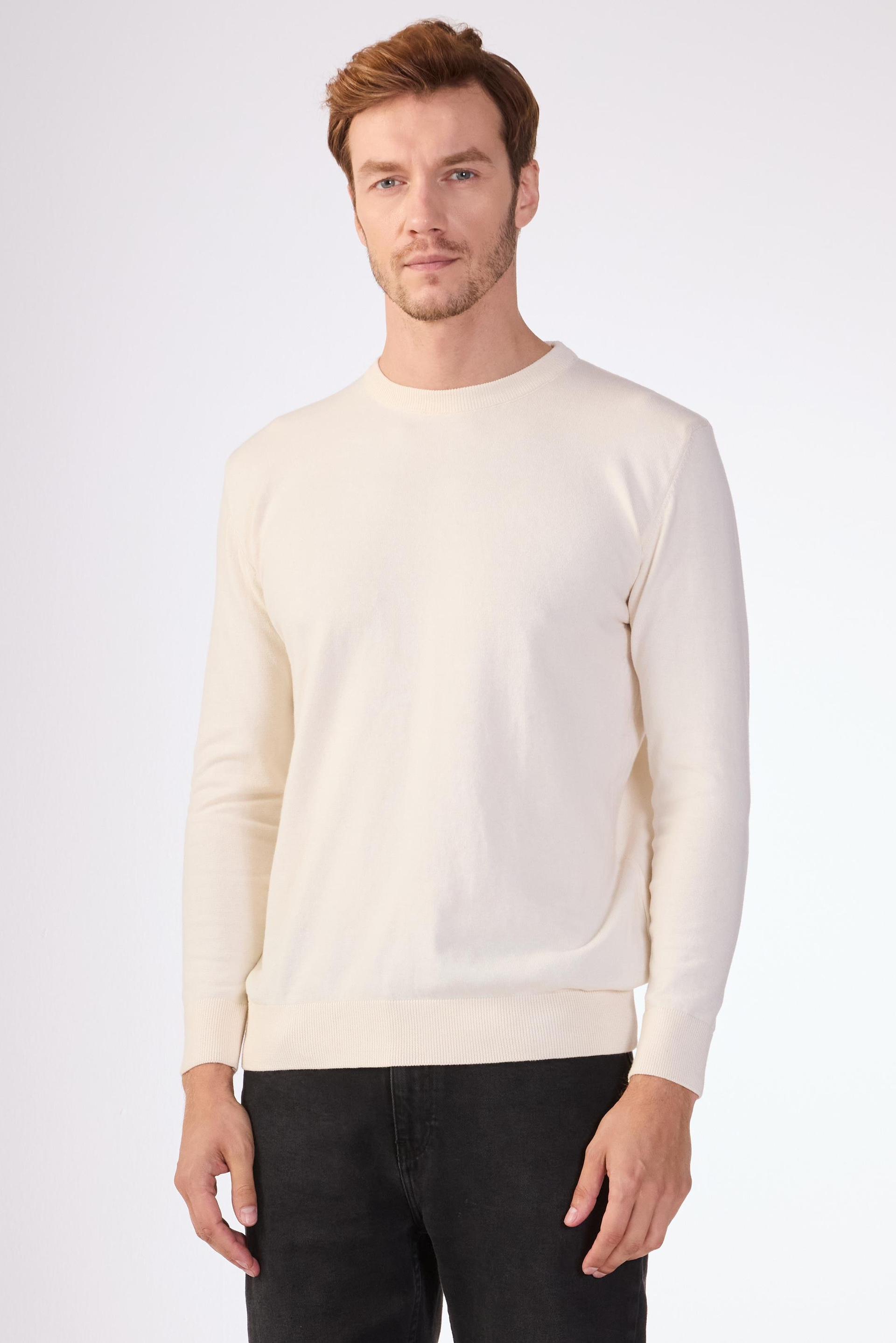 Ekru   Düz Erkek Triko - Slim Fit