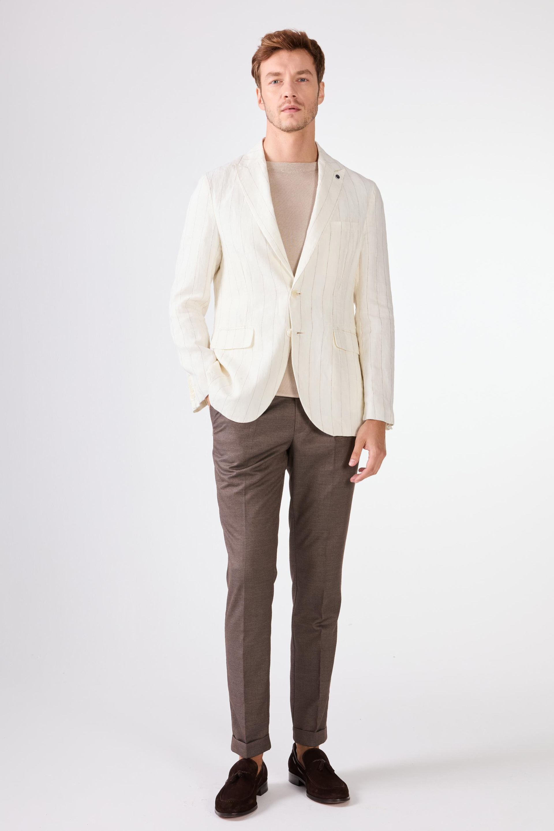 Ekru Erkek Regular Fit Çizgili Sivri Yaka Keten Ceket - 104438