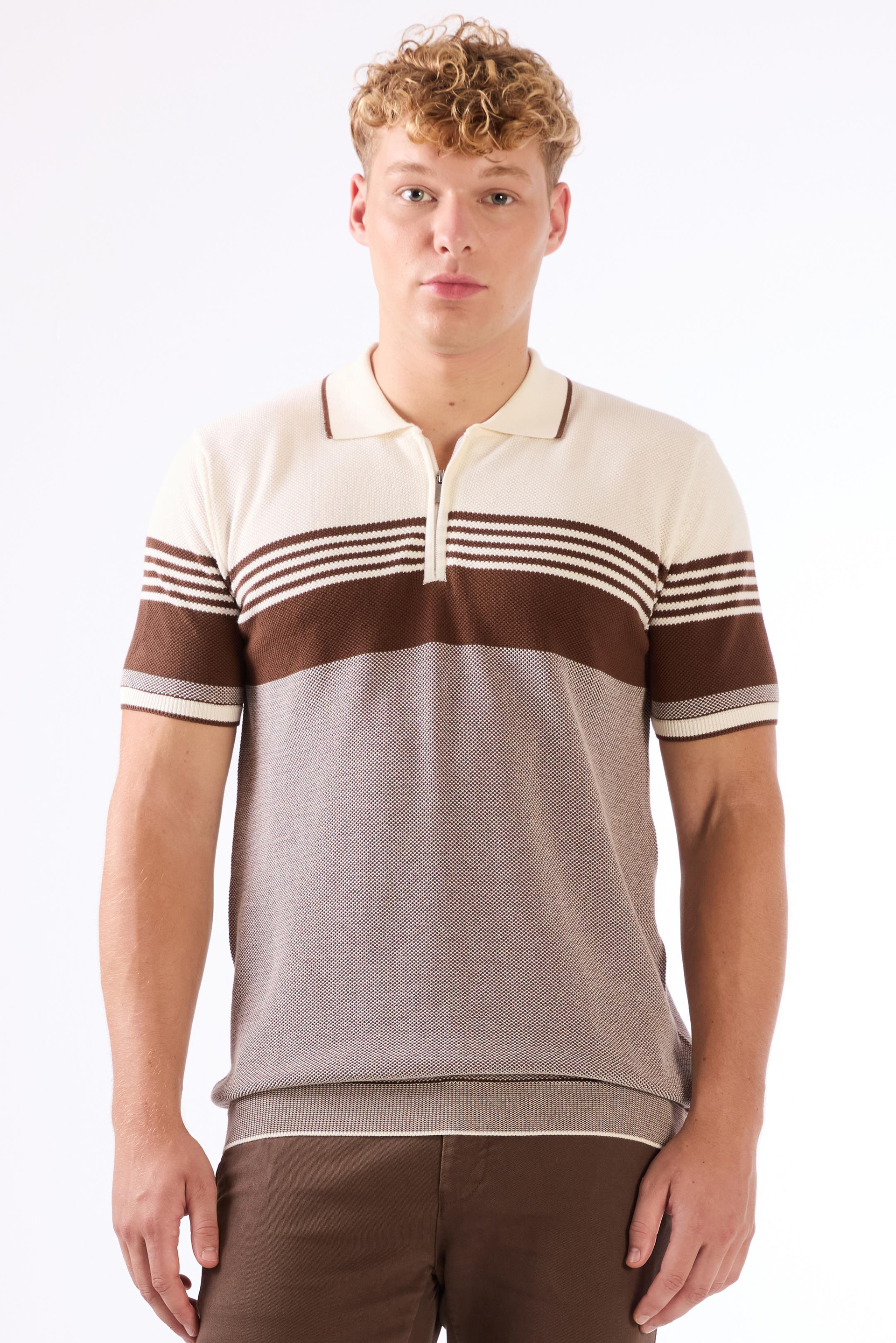 Kahve Çizgili Desen Fermuarlı Polo Yaka Kısa Kollu Slim Fit Erkek Triko