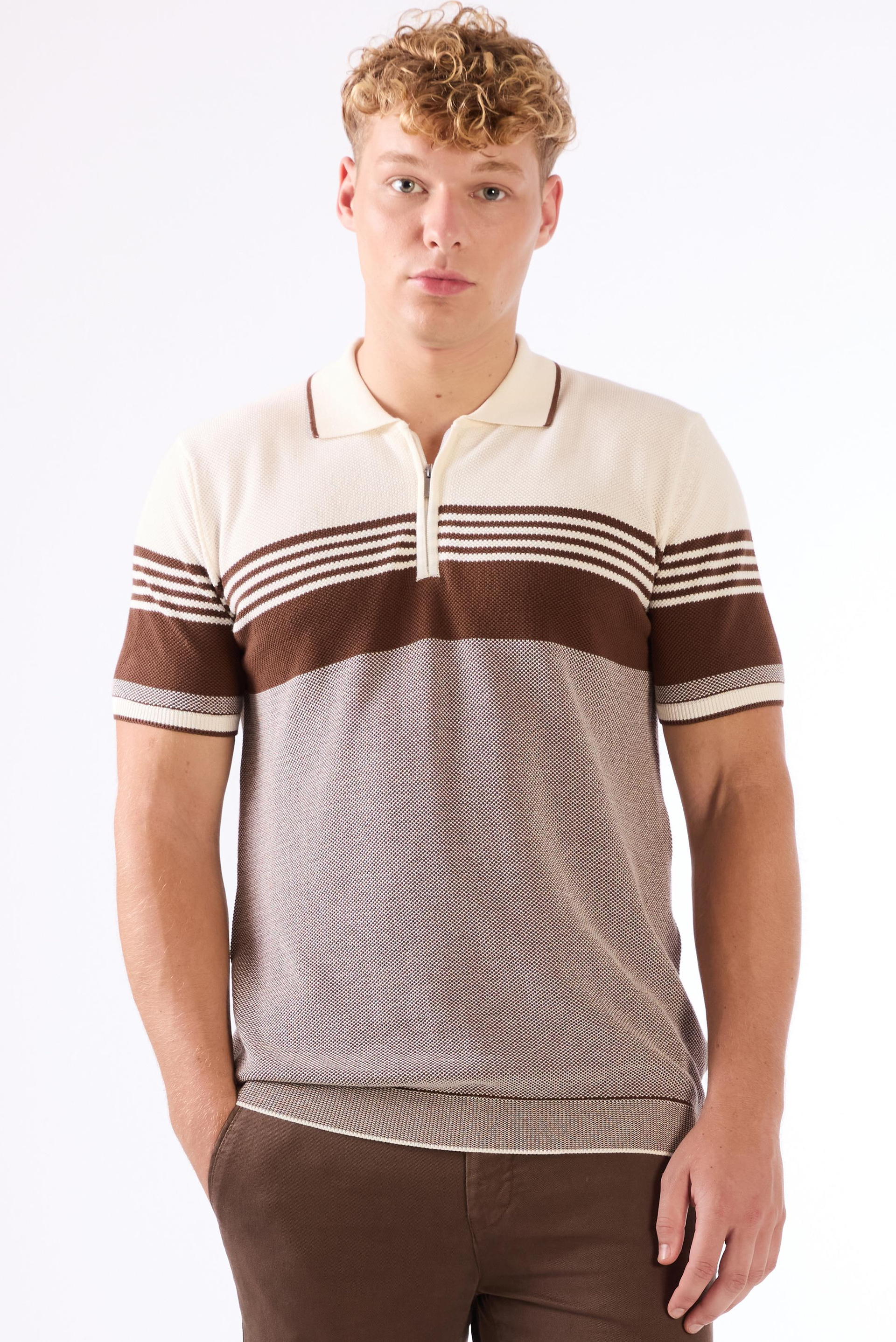 Kahve Çizgili Desen Fermuarlı Polo Yaka Kısa Kollu Slim Fit Erkek Triko