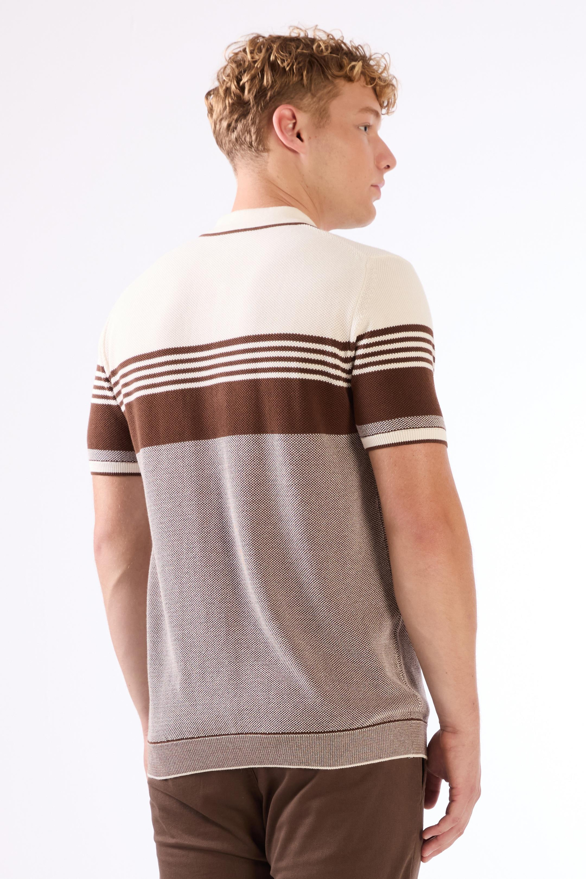 Kahve Çizgili Desen Fermuarlı Polo Yaka Kısa Kollu Slim Fit Erkek Triko