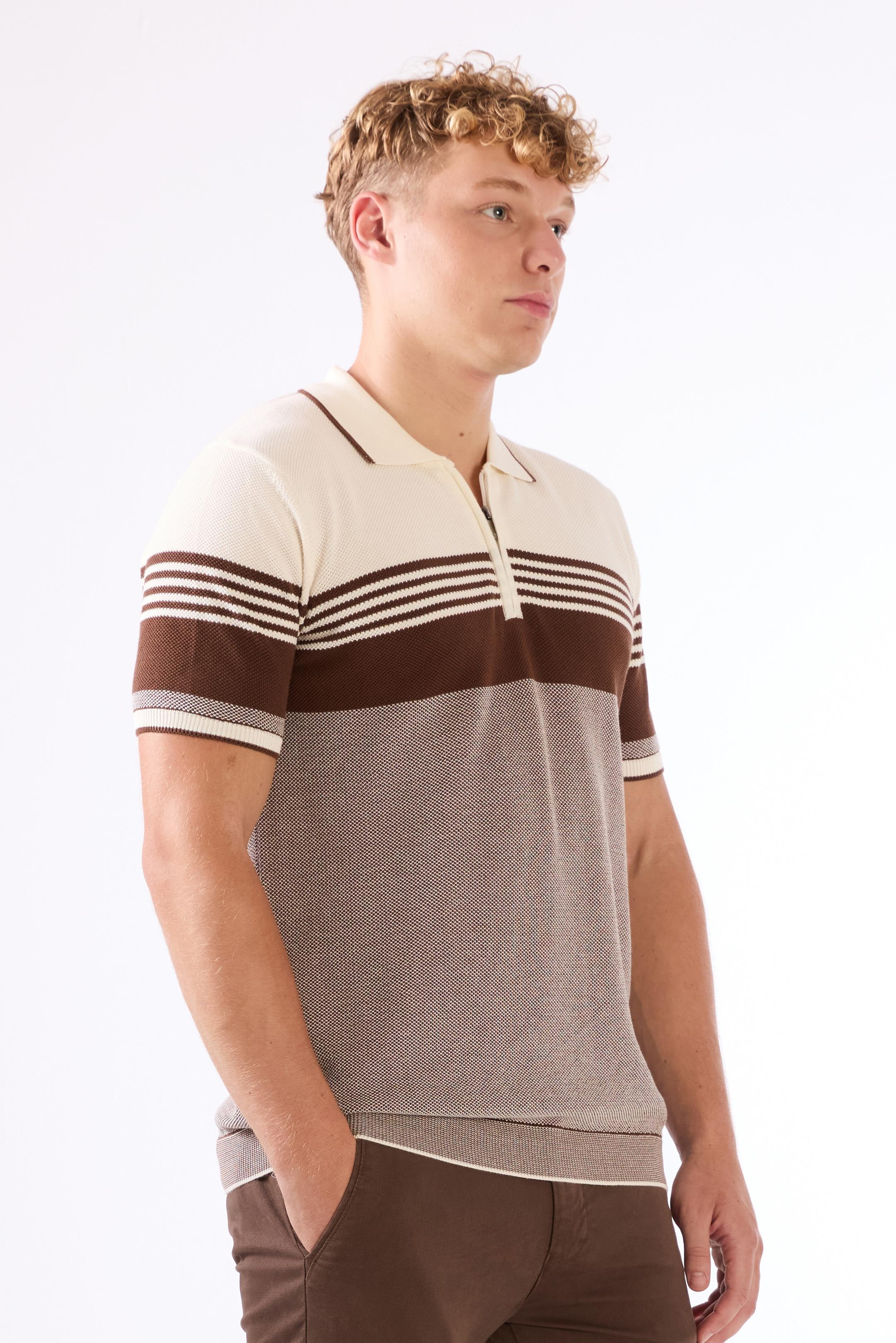 Kahve Çizgili Desen Fermuarlı Polo Yaka Kısa Kollu Slim Fit Erkek Triko