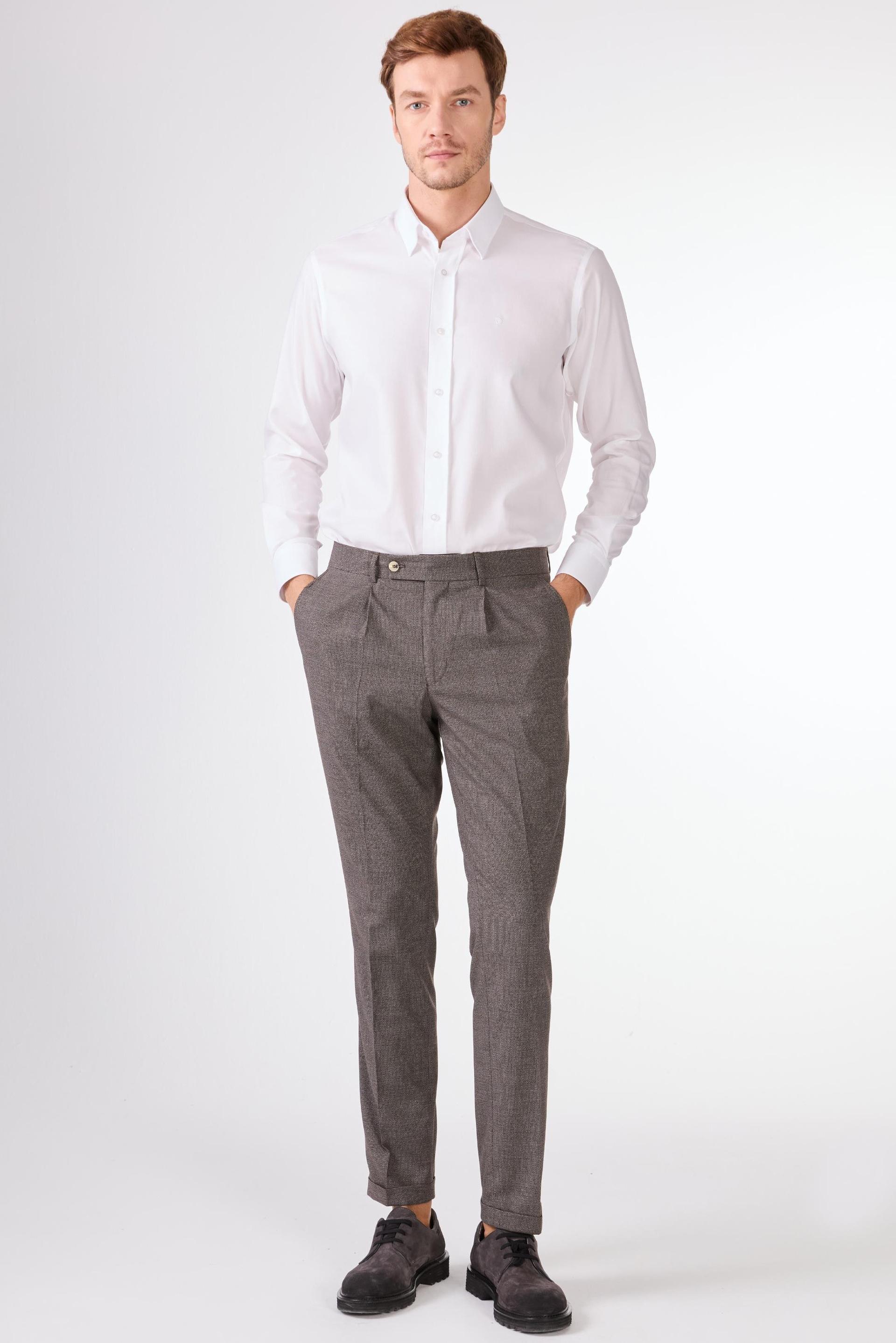 Kahverengi Erkek Slim Fit Melanj Desenli Klasik Pantolon - 97655