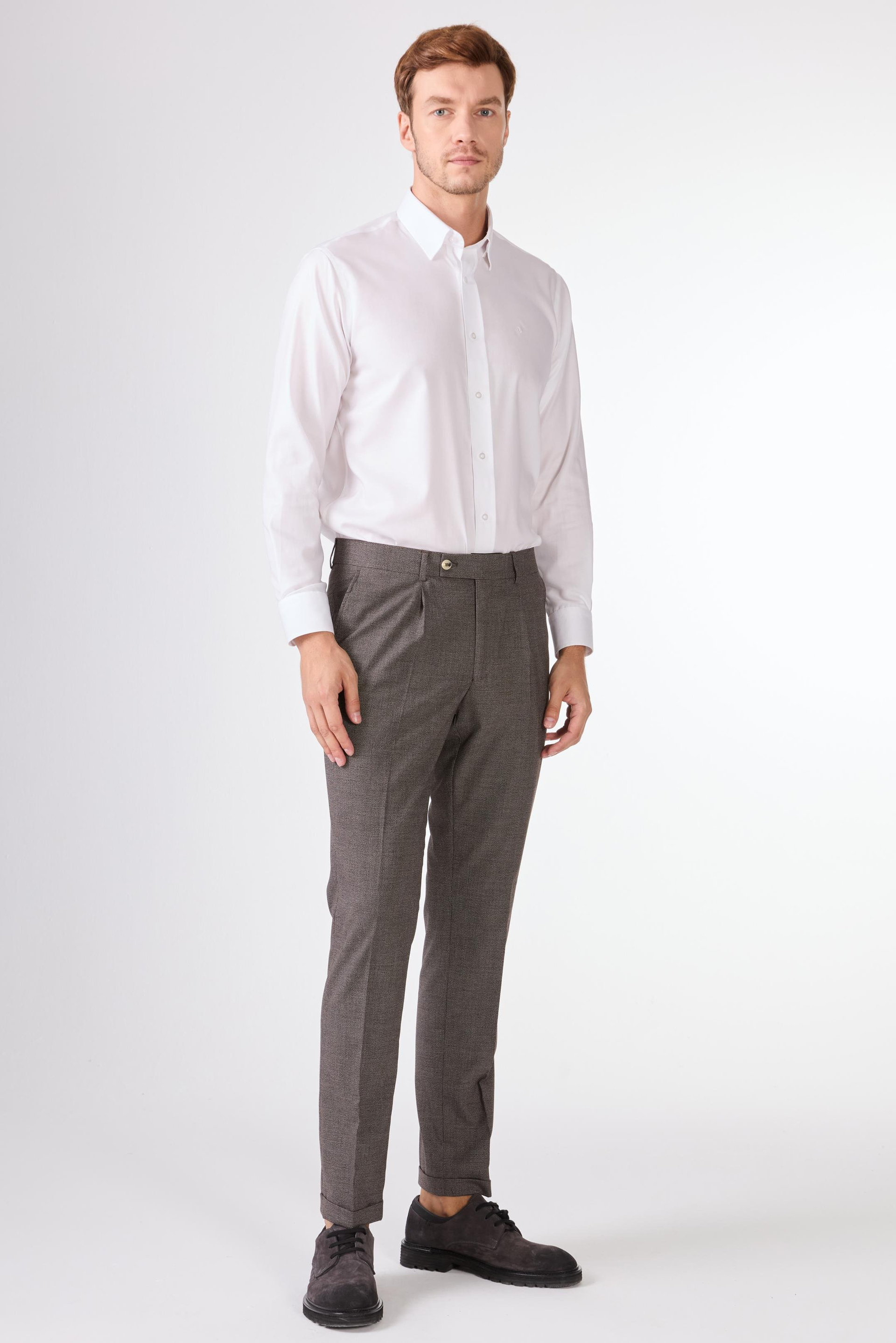 Kahverengi Erkek Slim Fit Melanj Desenli Klasik Pantolon - 97655