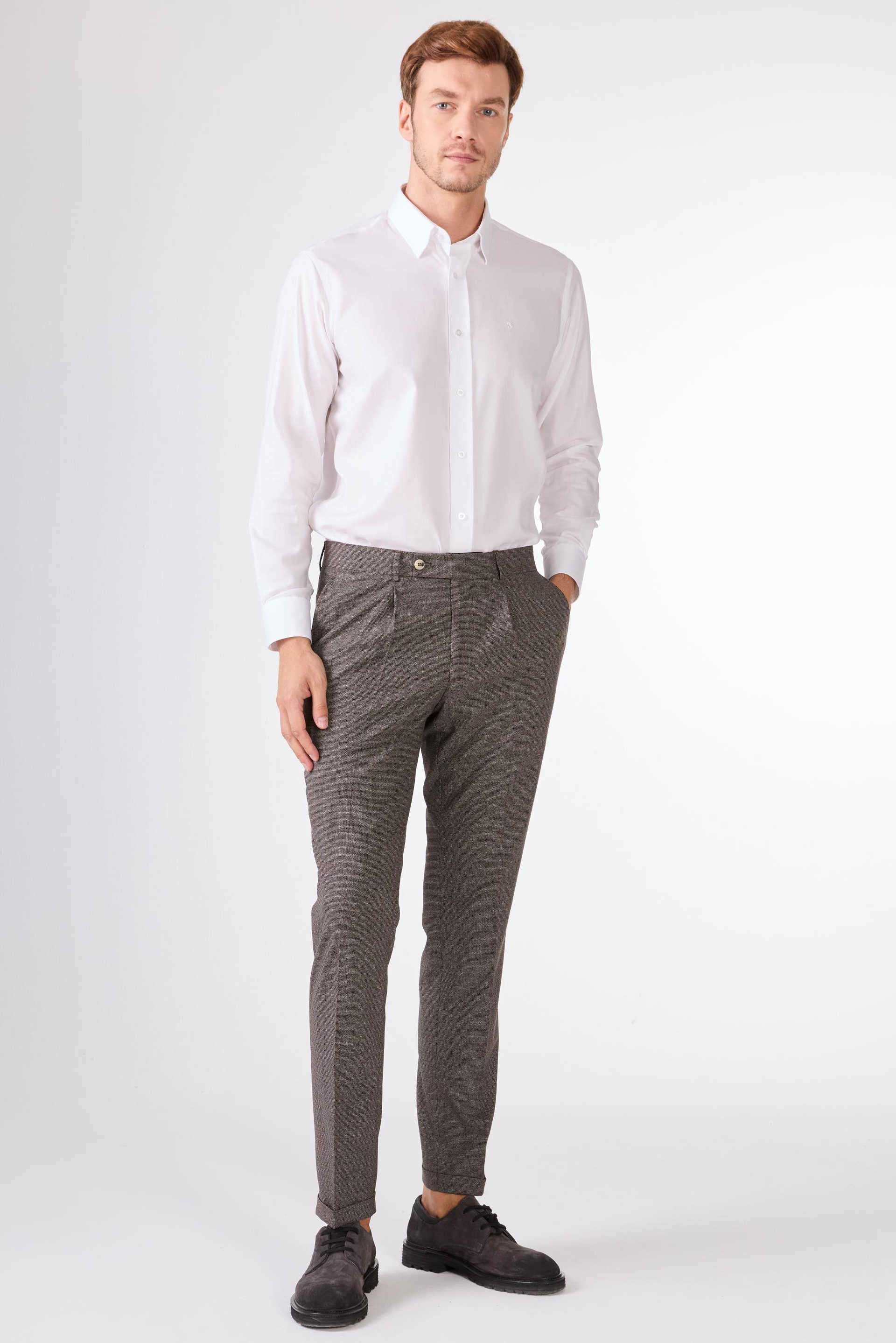 Kahverengi Erkek Slim Fit Melanj Desenli Klasik Pantolon - 97655