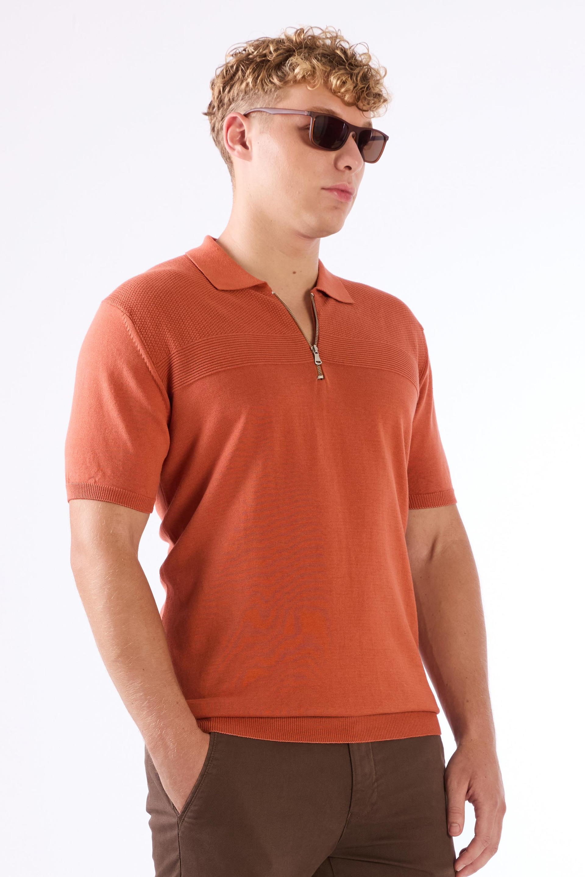 Kiremit Fermuarlı Polo Yaka Kısa Kollu Örgü Slim Fit Erkek Triko