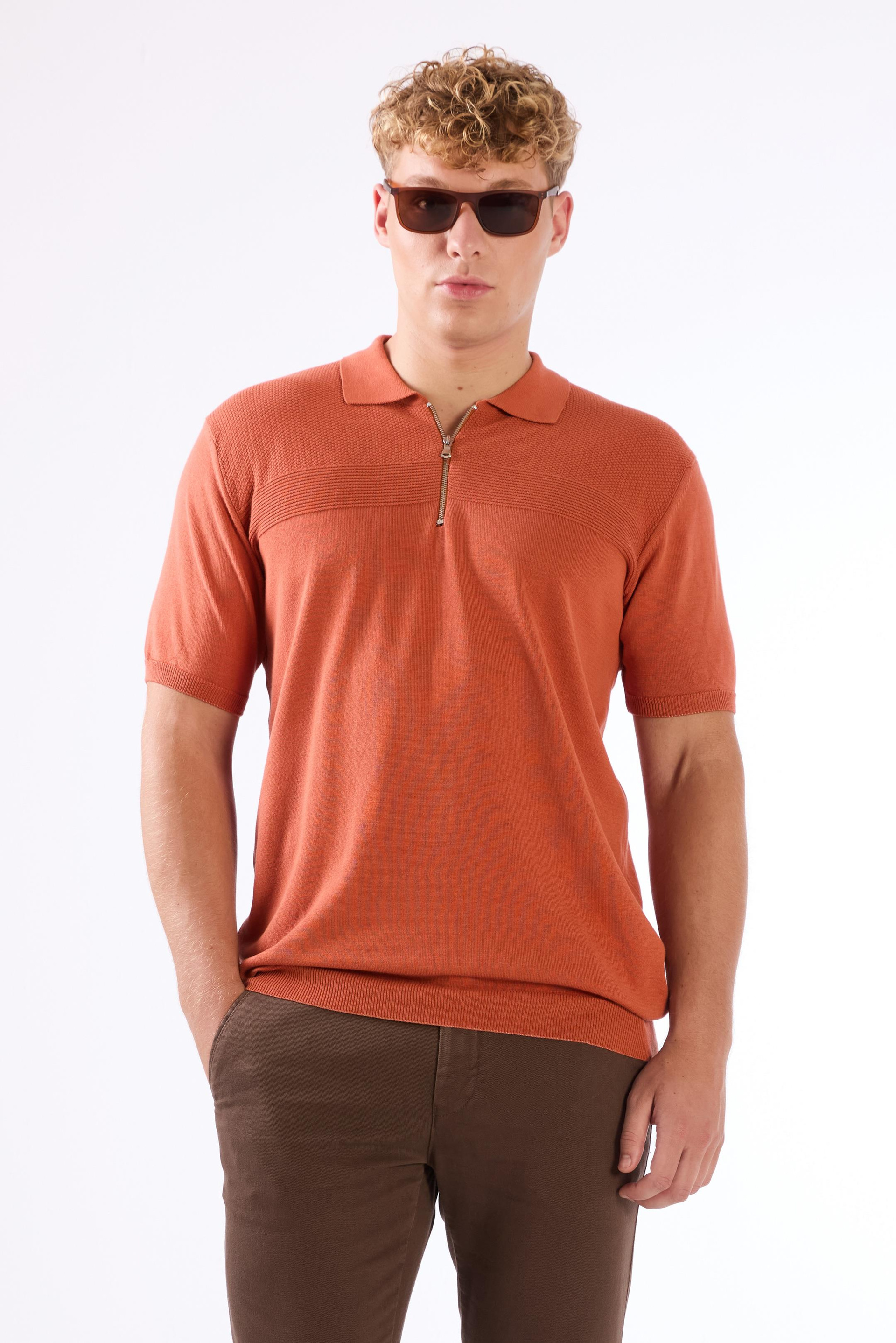 Kiremit Fermuarlı Polo Yaka Kısa Kollu Örgü Slim Fit Erkek Triko