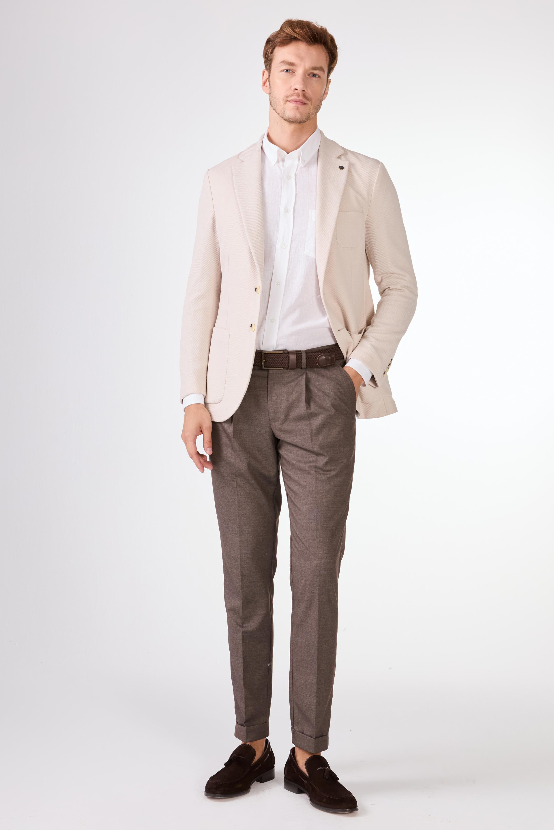 Krem Erkek Slim Fit Düz Mono Yaka Casual Ceket - 104445