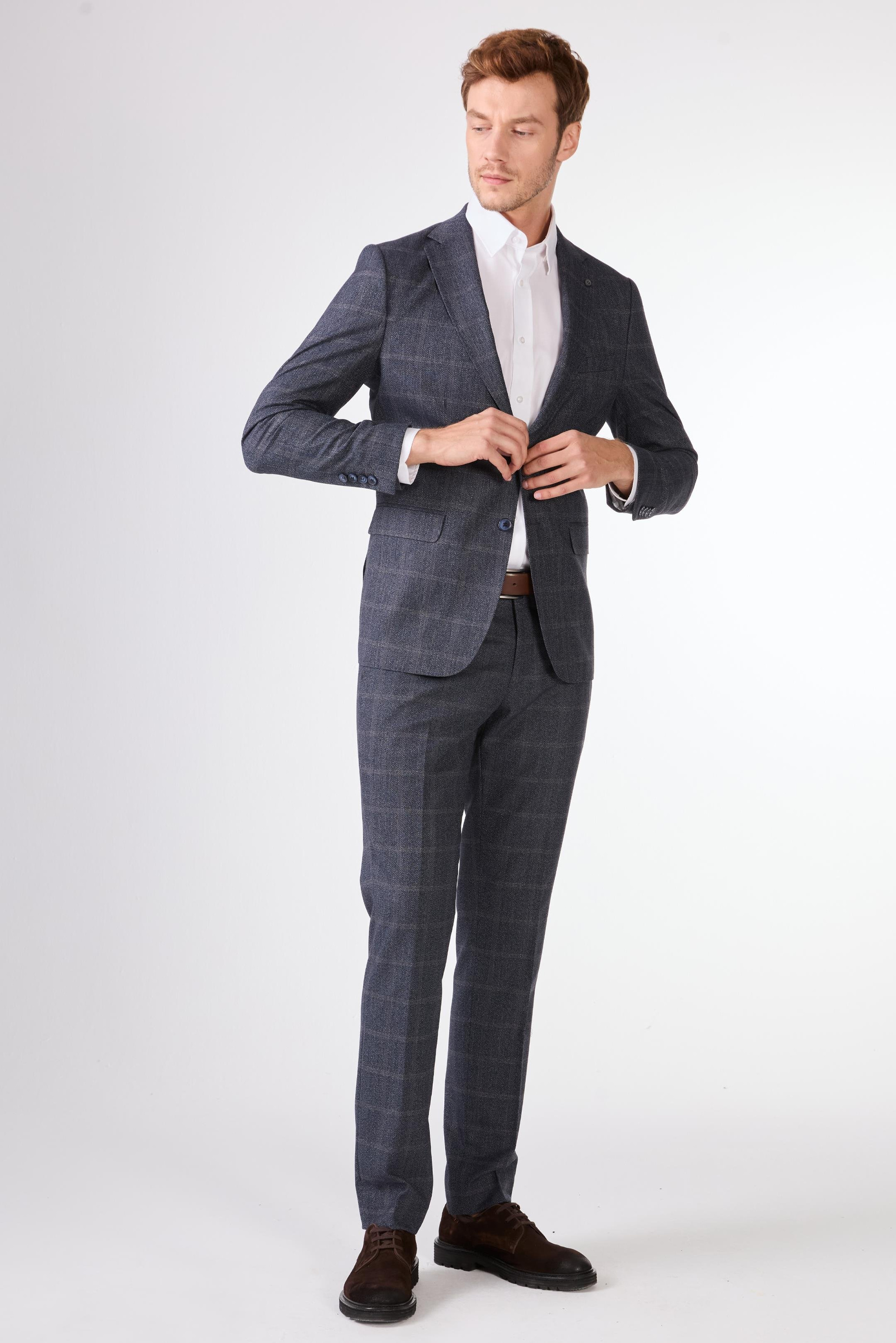 Lacivert   Balıksırtı Erkek Takım Elbise - Slim Fit