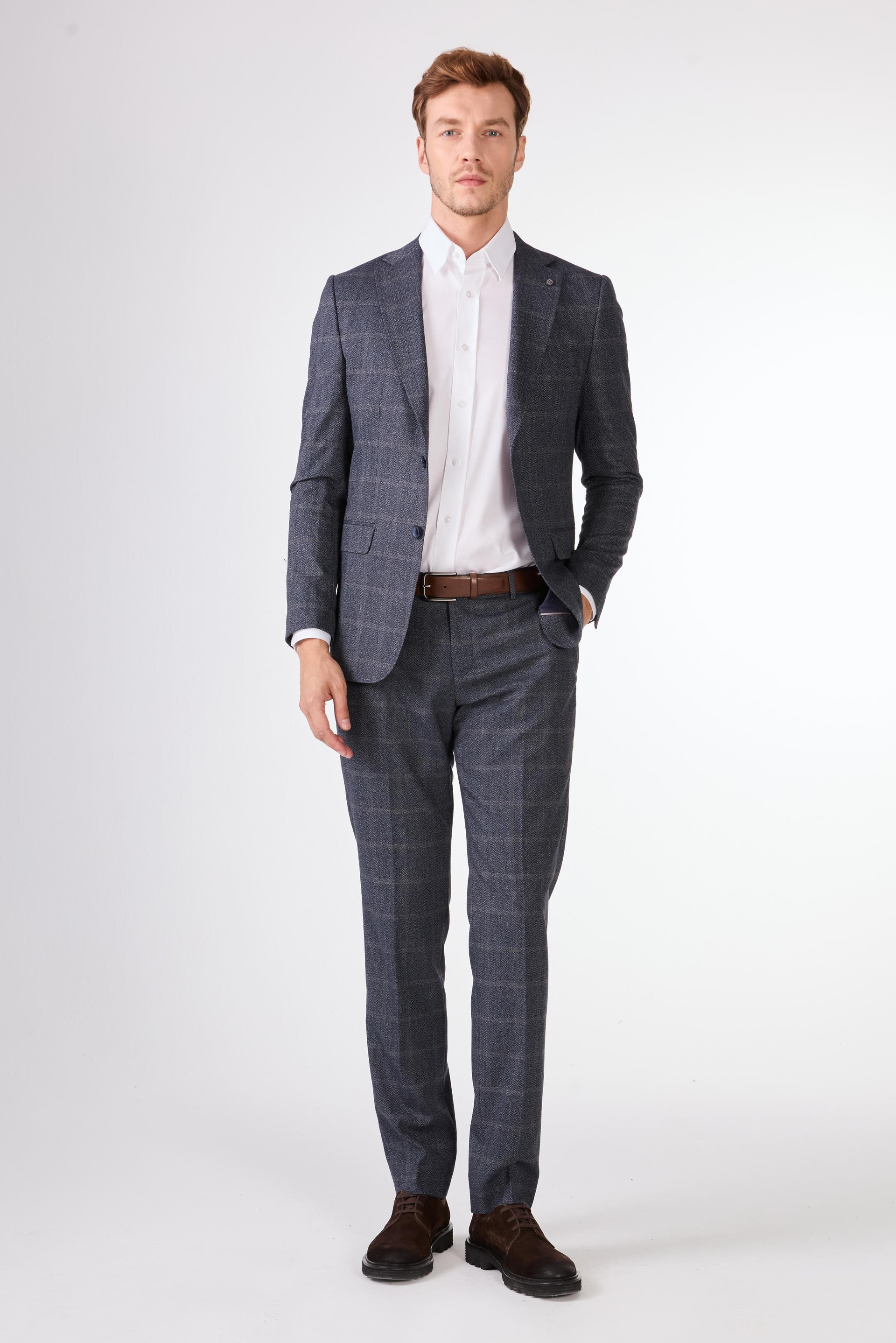 Lacivert   Balıksırtı Erkek Takım Elbise - Slim Fit