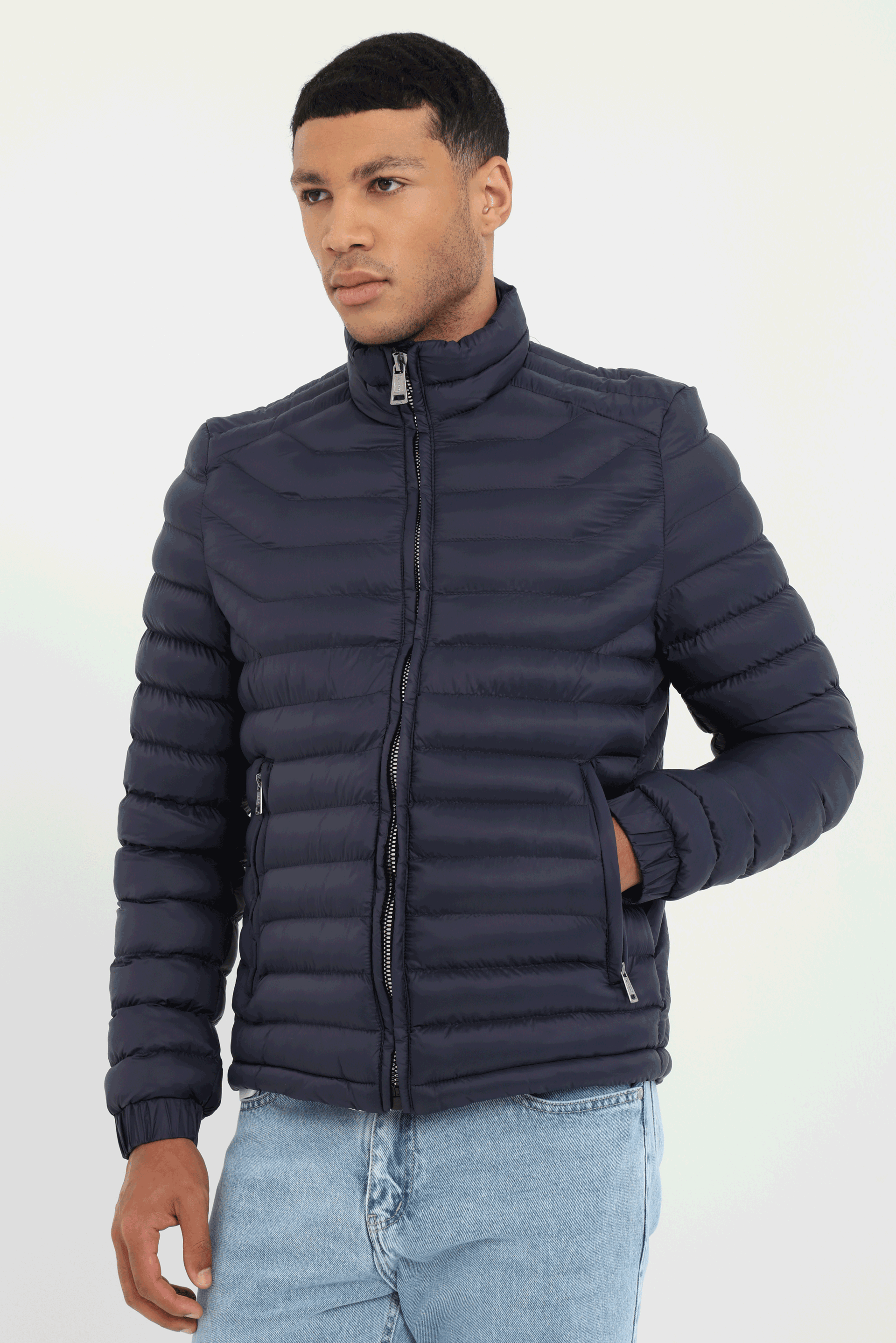 Lacivert   Kapitone Erkek Mont - Slim Fit