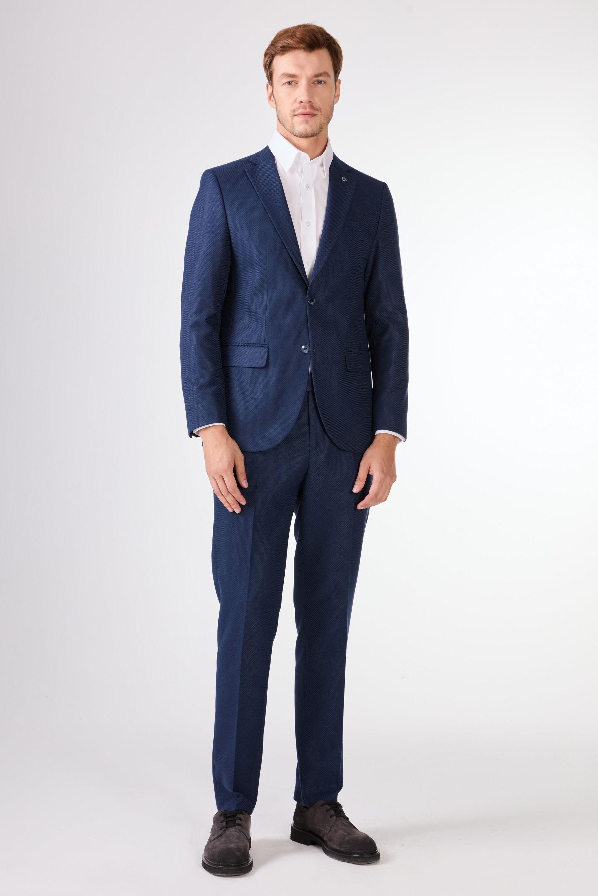 LACİVERT ÖRGÜ ÖRGÜ DESEN TAKIM ELBİSE - SLIM FIT