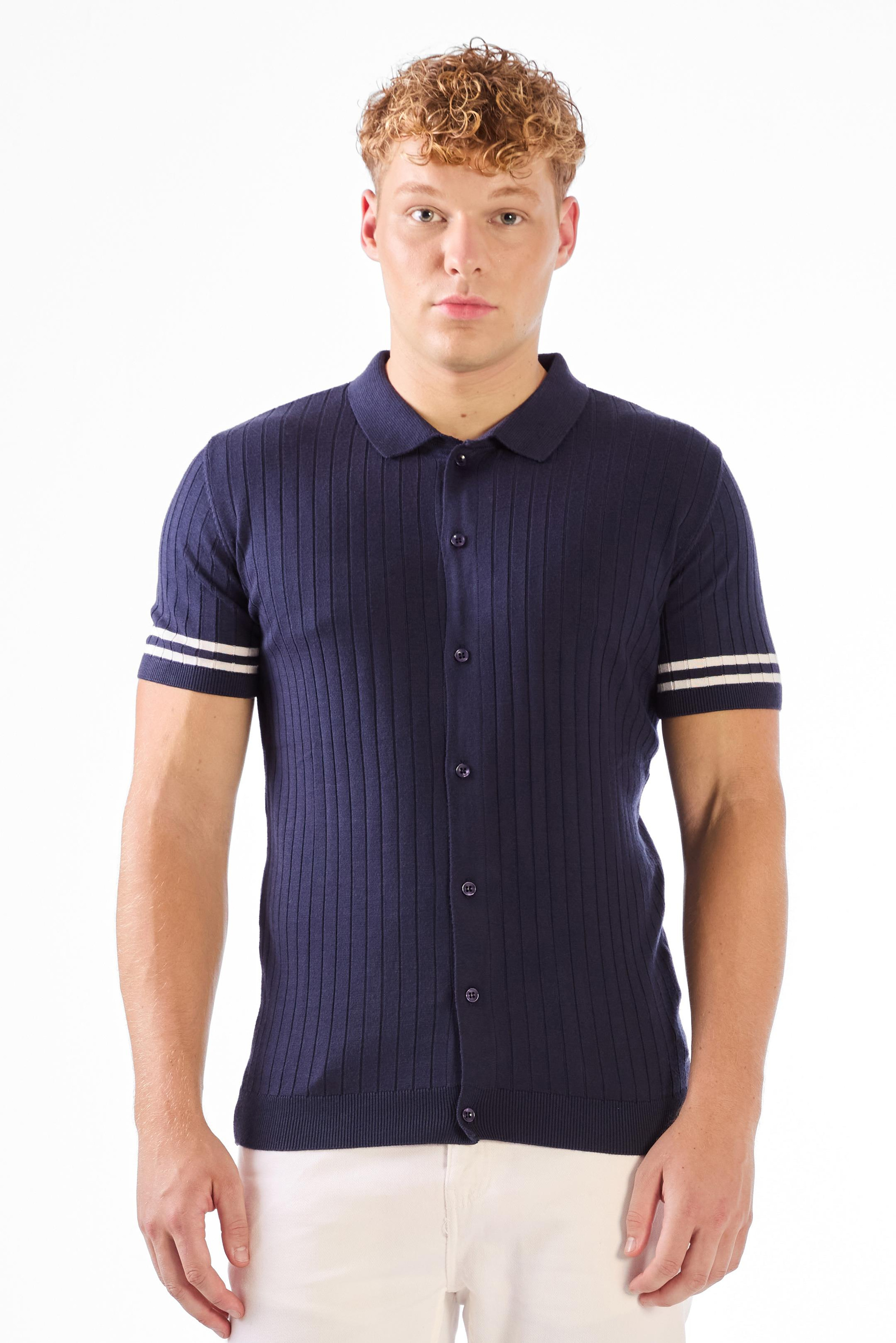 Lacivert  Polo Düğmeli  Fitilli Kısa Kollu Slim Fit Erkek Triko