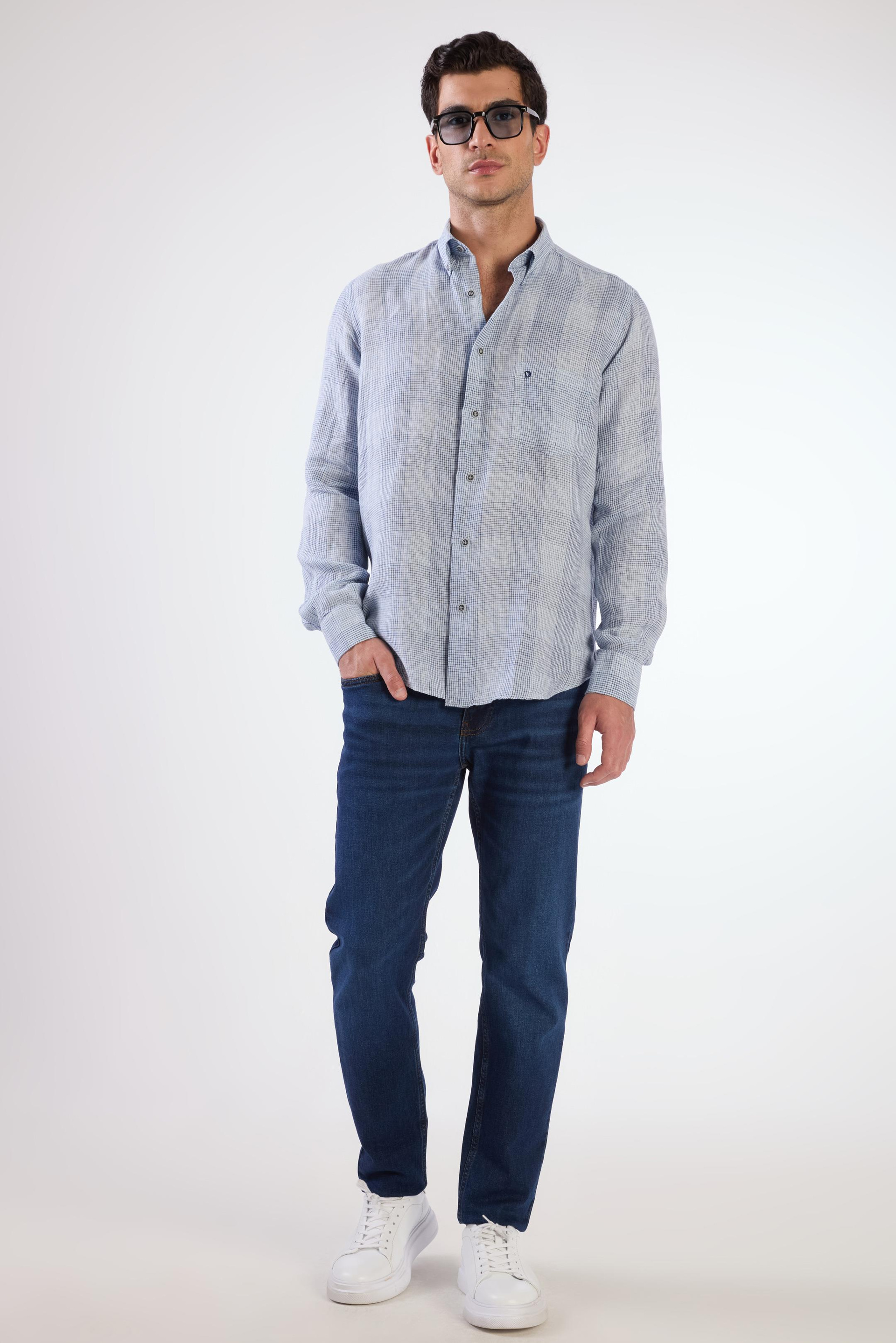 Mavi Erkek Regular Fit Kareli Düğmeli Yaka Uzun Kol Keten Gömlek - 104905