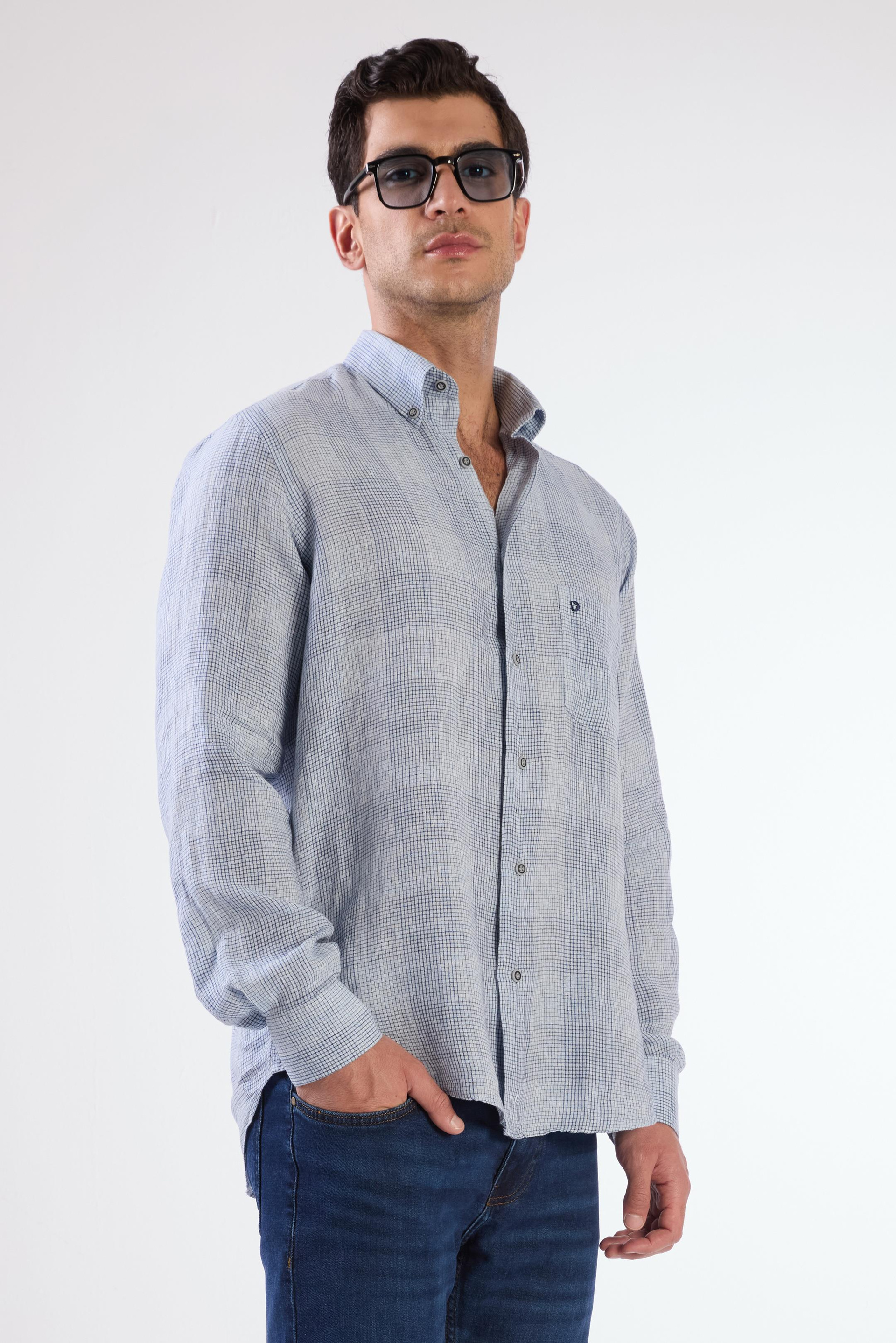 Mavi Erkek Regular Fit Kareli Düğmeli Yaka Uzun Kol Keten Gömlek - 104905