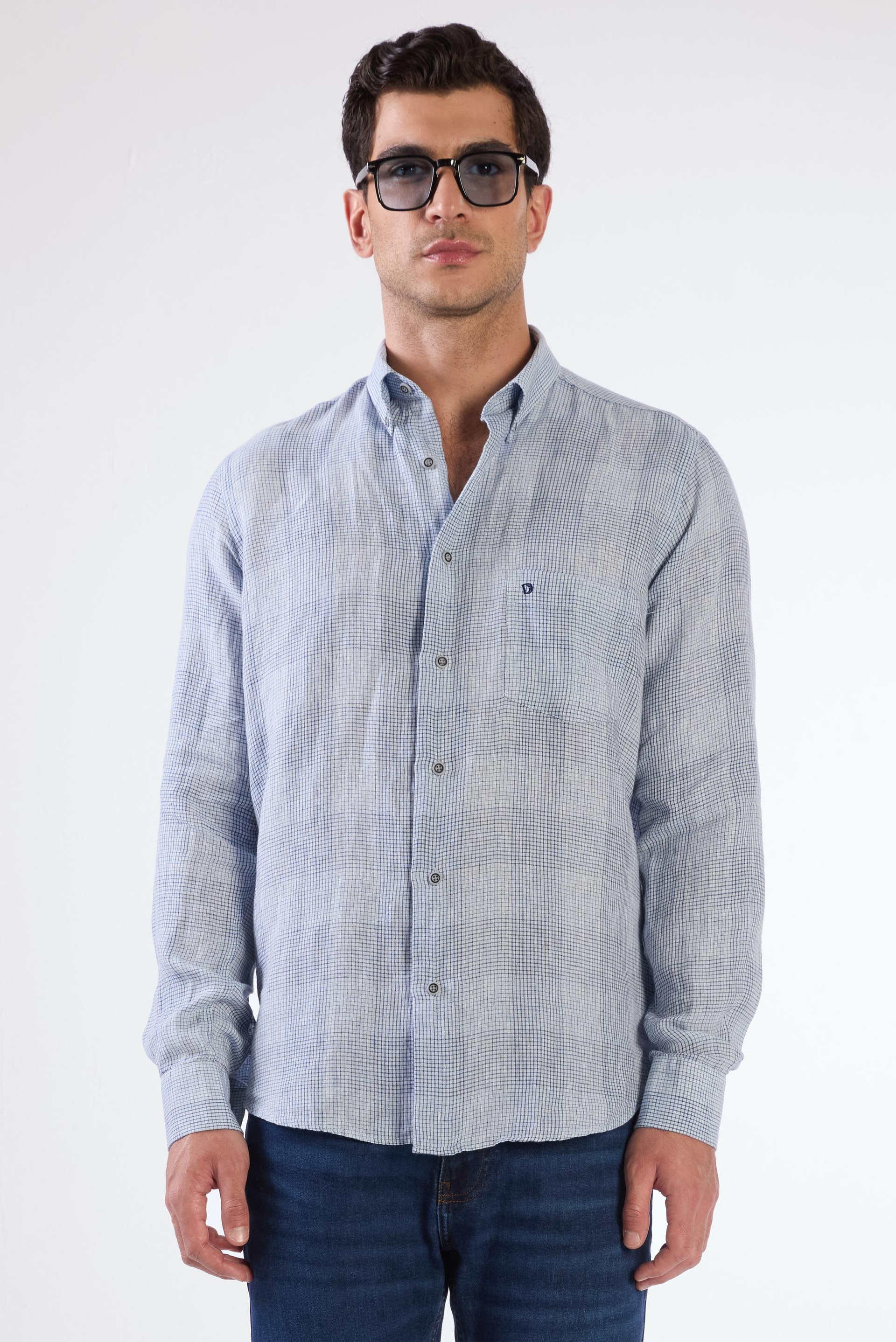 Mavi Erkek Regular Fit Kareli Düğmeli Yaka Uzun Kol Keten Gömlek - 104905