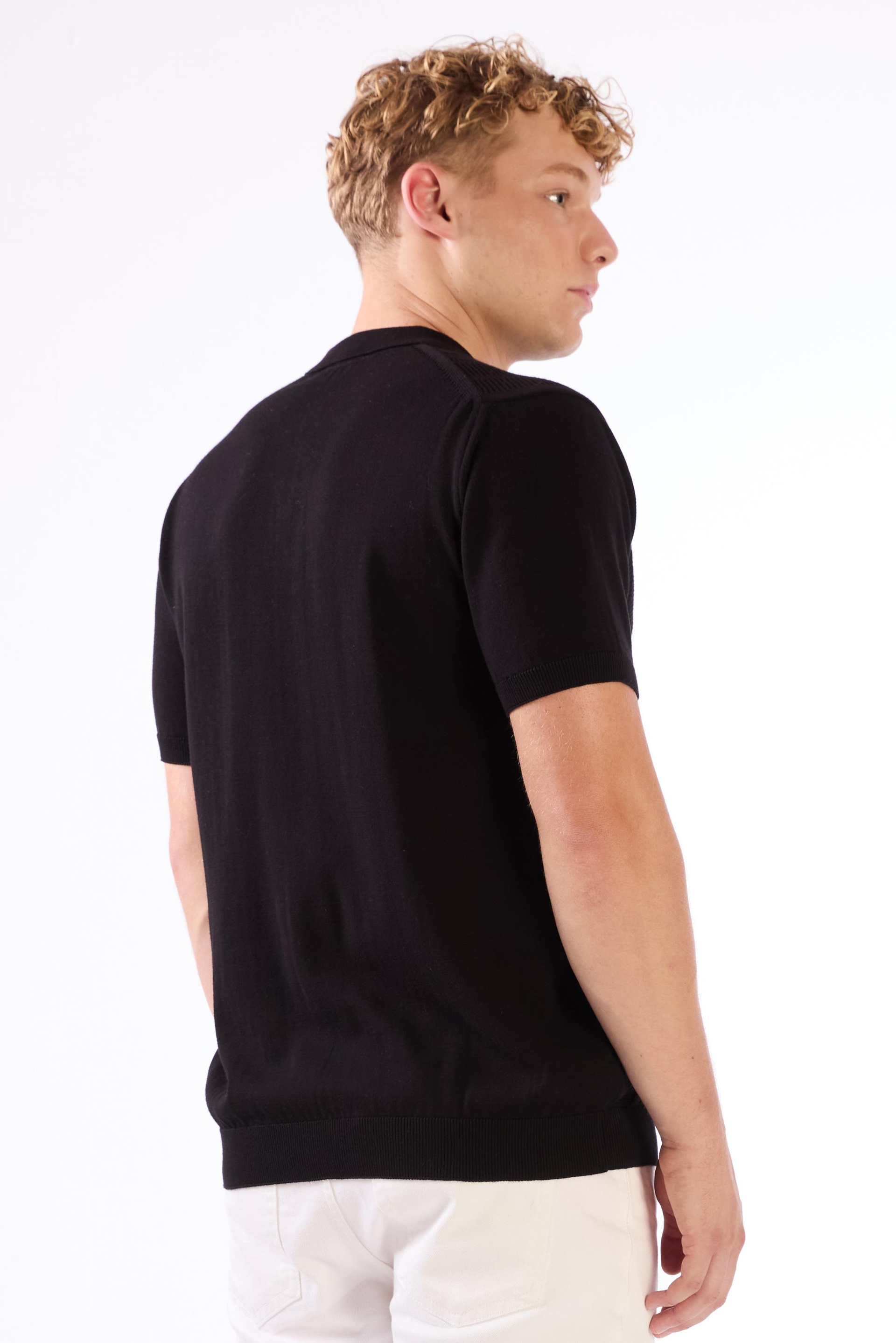 Siyah Polo Düğmeli Kısa Kollu Düz Renk Fitilli Slim Fit Erkek Triko