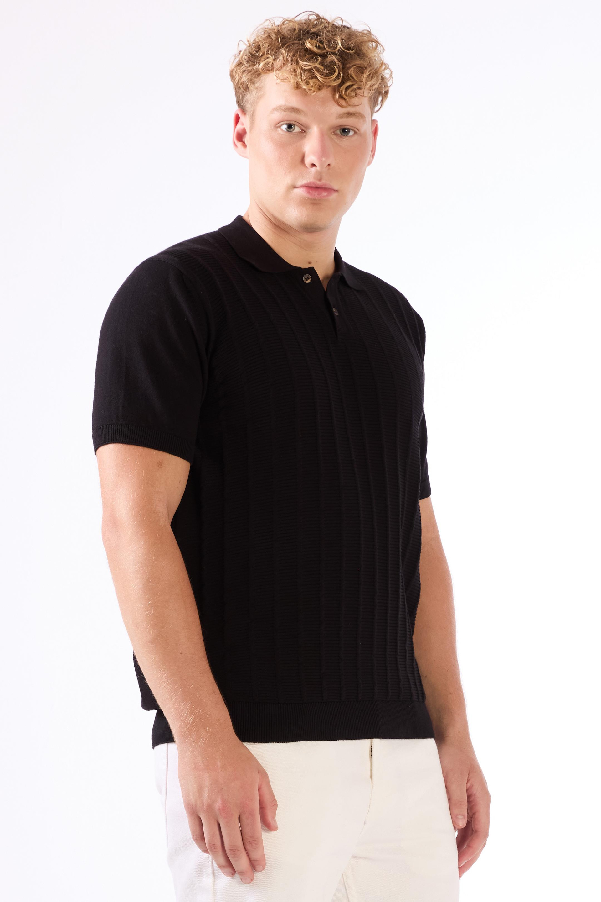 Siyah Polo Düğmeli Kısa Kollu Düz Renk Fitilli Slim Fit Erkek Triko