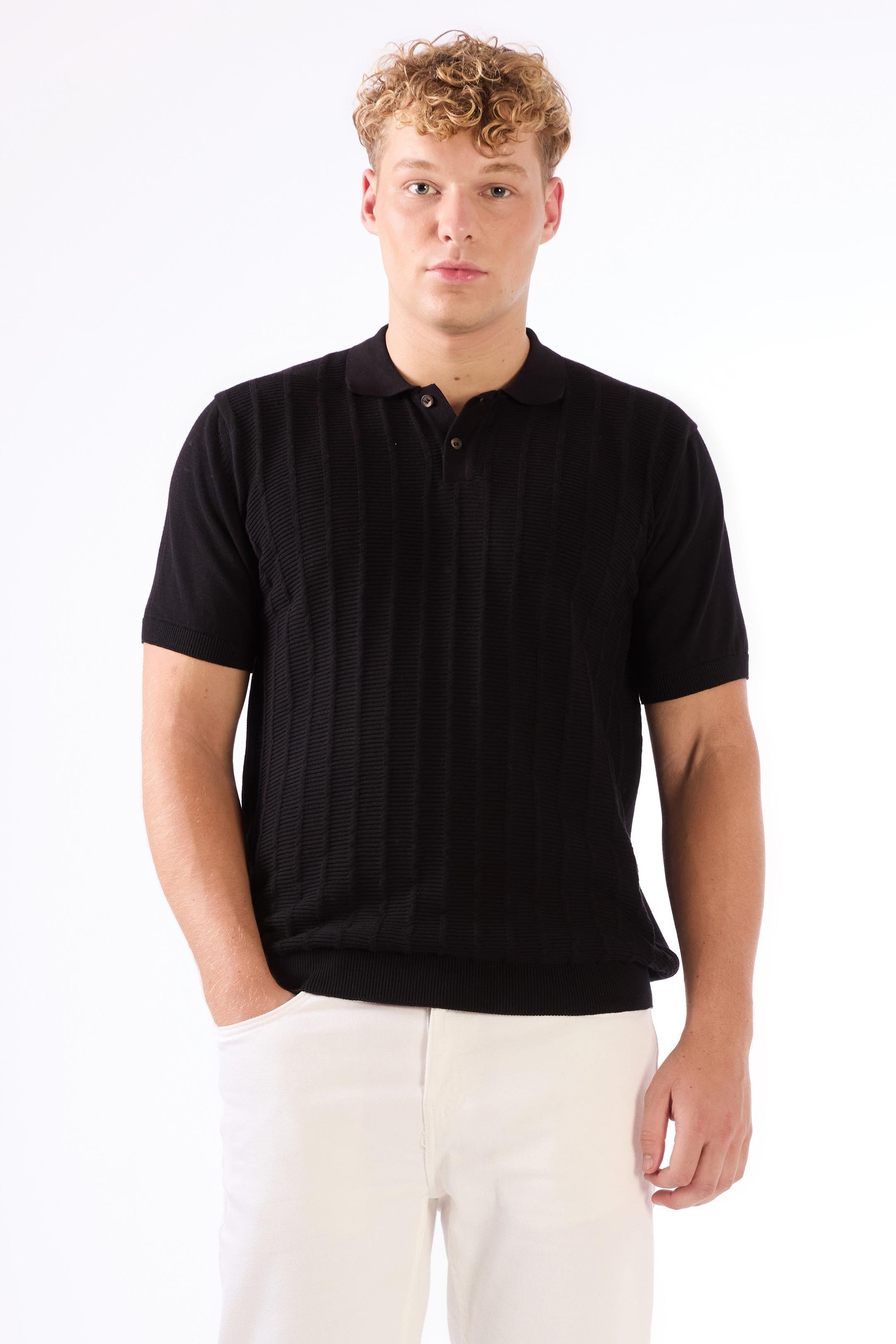 Siyah Polo Düğmeli Kısa Kollu Düz Renk Fitilli Slim Fit Erkek Triko