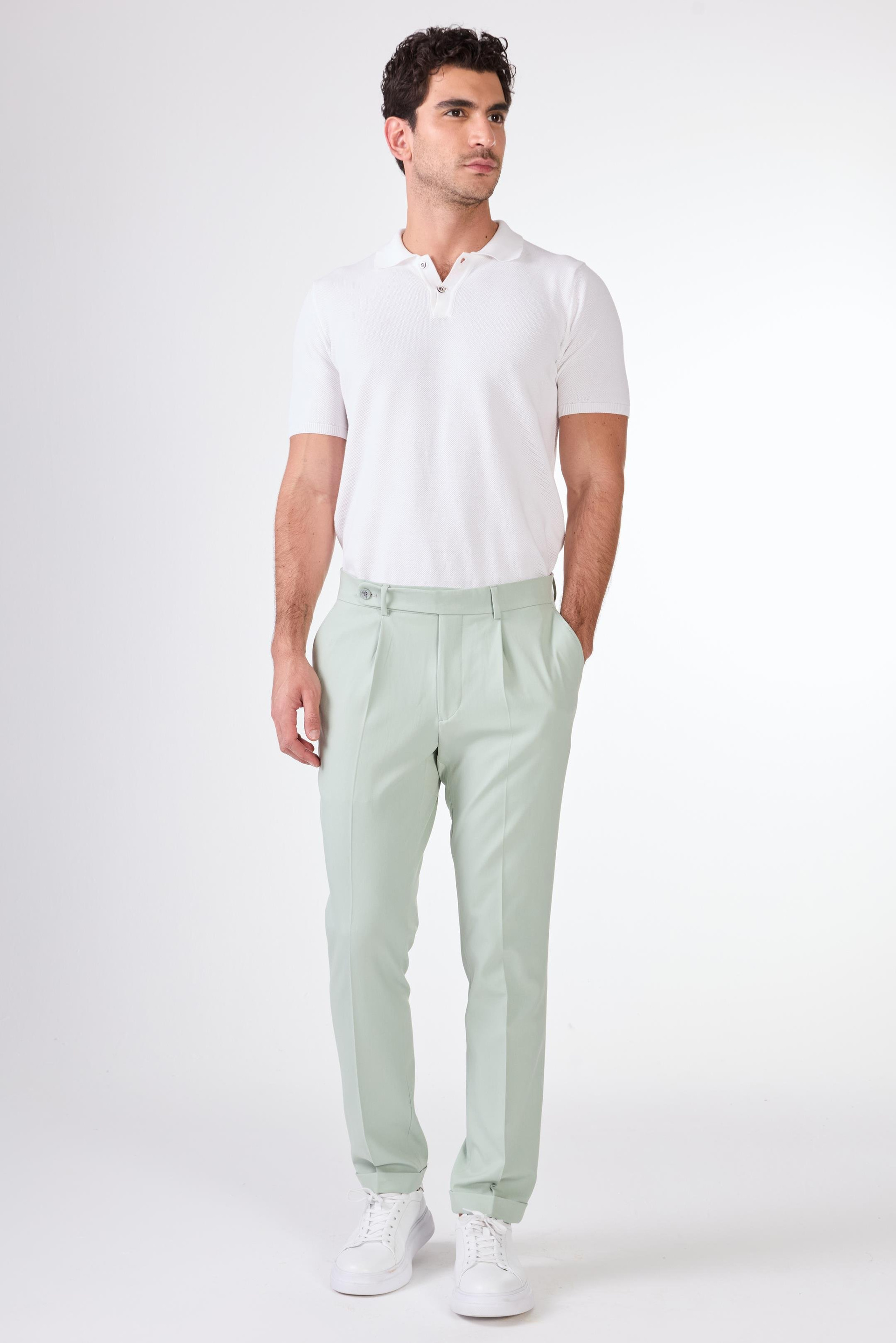 Yeşil Erkek Slim Fit Düz Pileli Pantolon - 104462