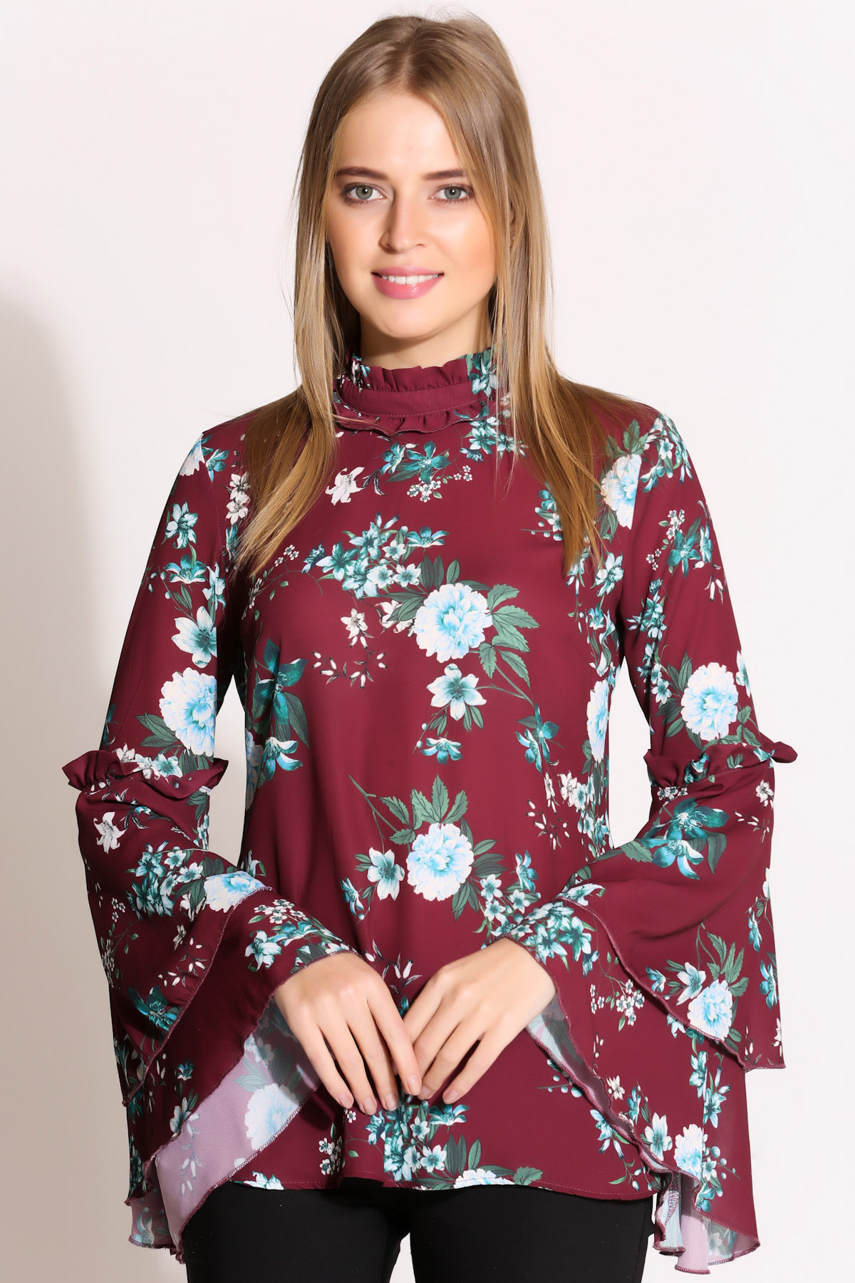 205-1542 EMPRİME KOLLARI VOLANLI BLUZ