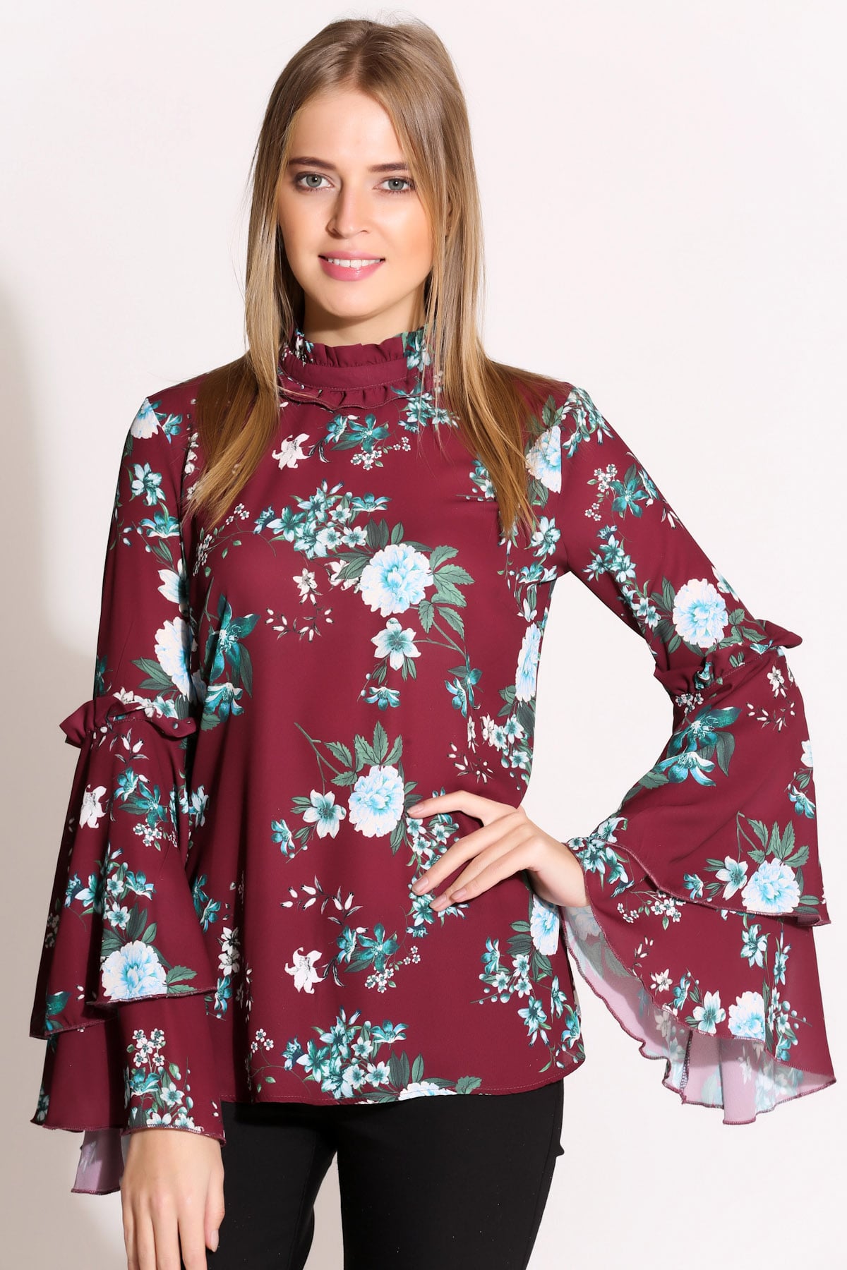 205-1542 EMPRİME KOLLARI VOLANLI BLUZ