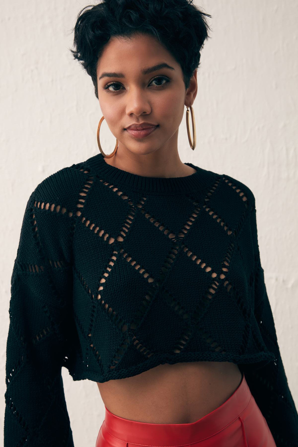 Ajurlu Crop Triko - SİYAH