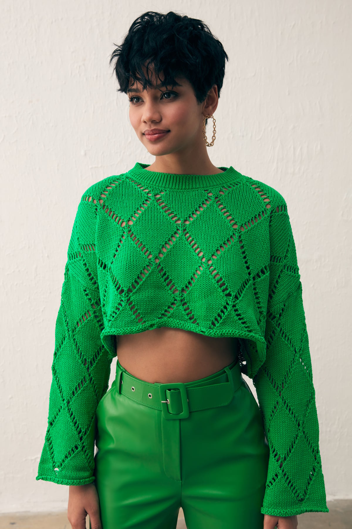 Ajurlu Crop Triko - YEŞİL