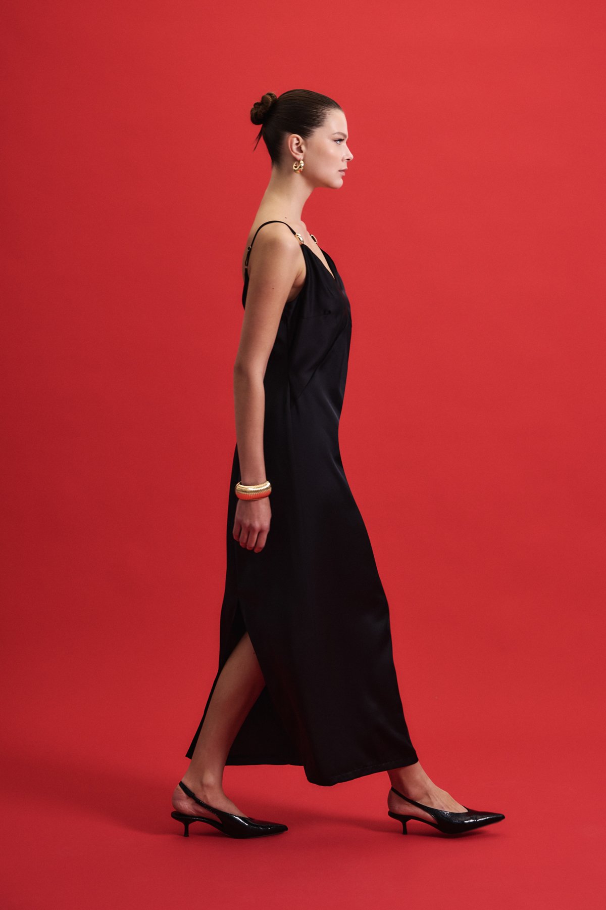 Accessory Detailed Strappy Satin Dress - Black