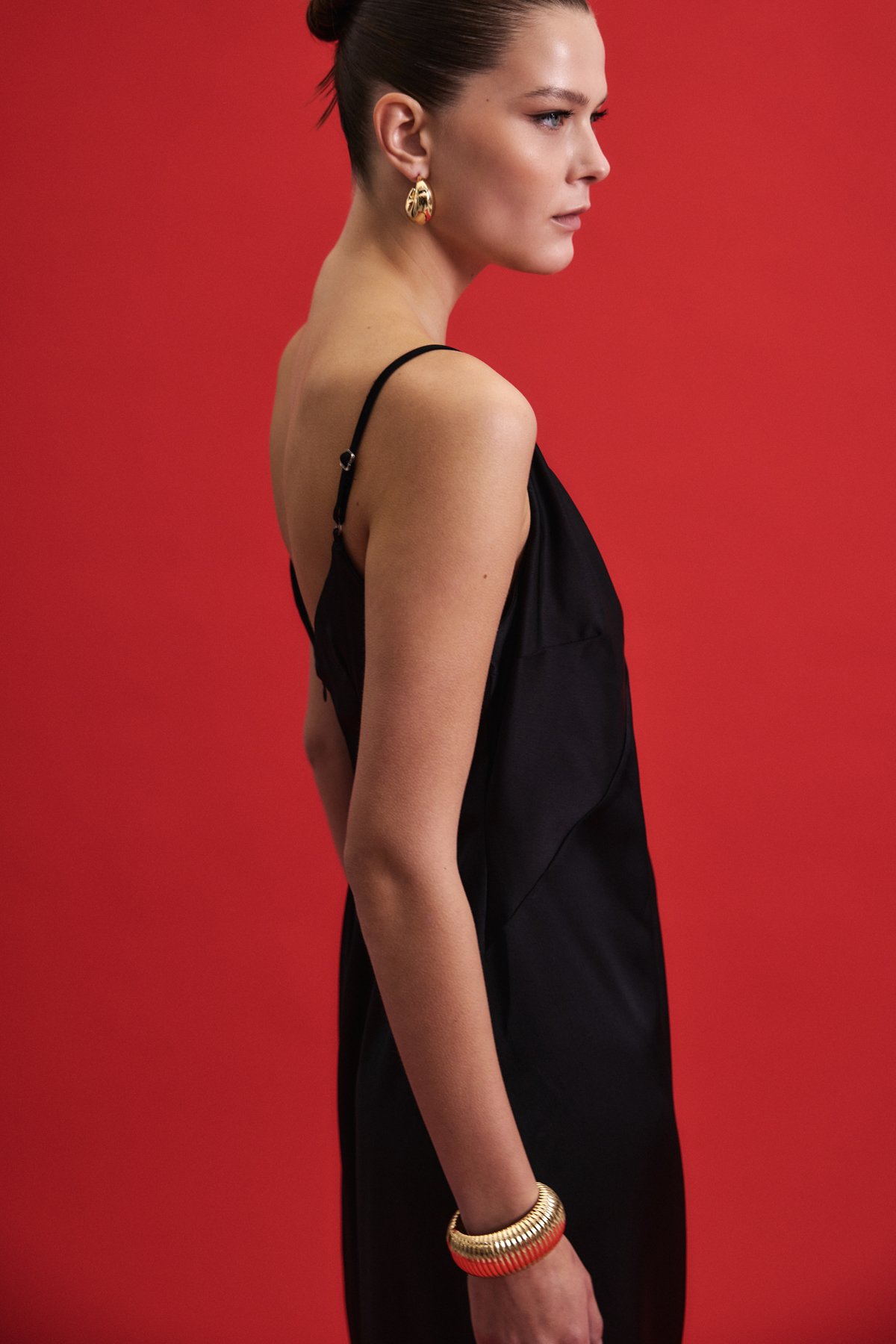 Accessory Detailed Strappy Satin Dress - Black