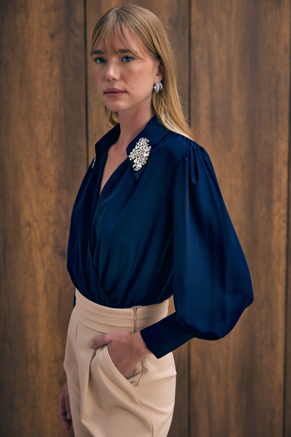 Accessory Detailed Bodysuit Blouse - Blue