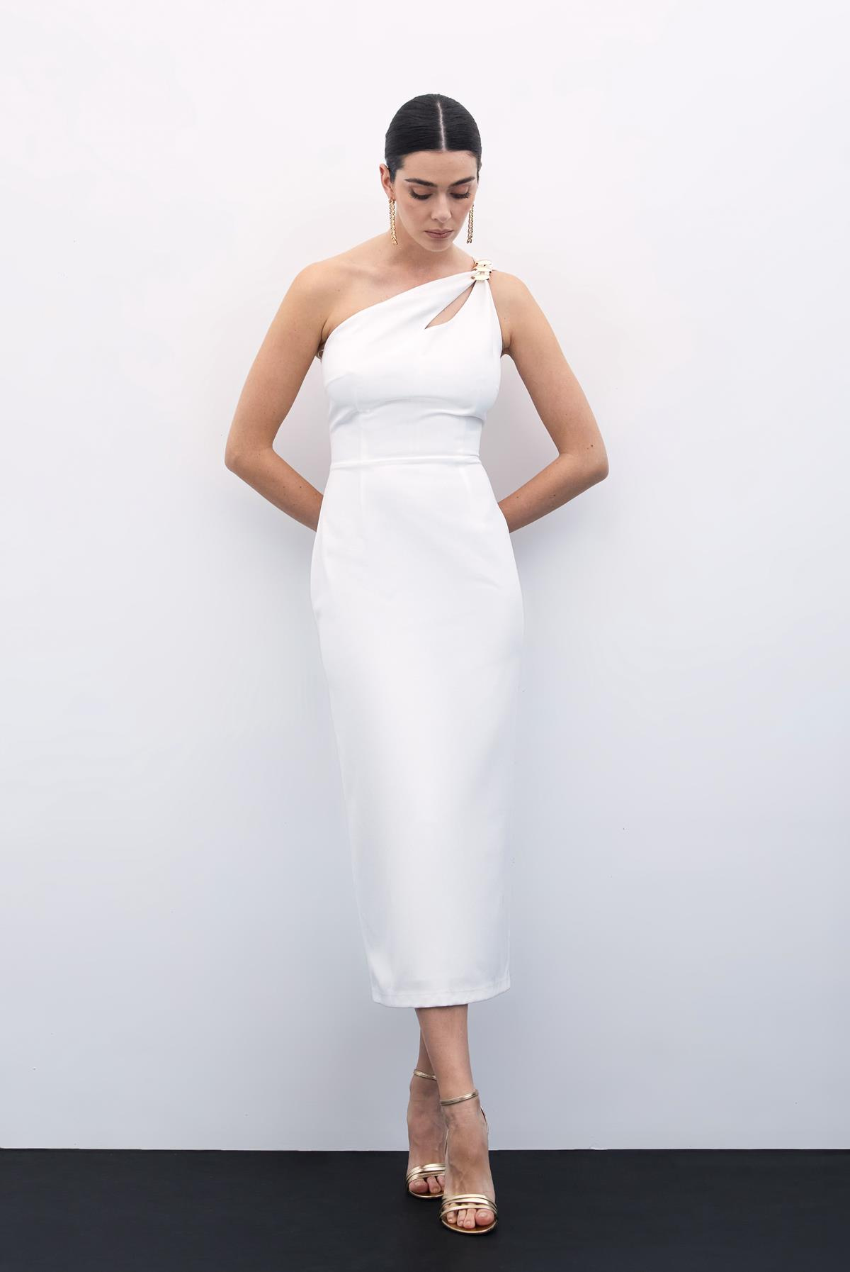 Aksesuar Detaylı Elbise - Ekru