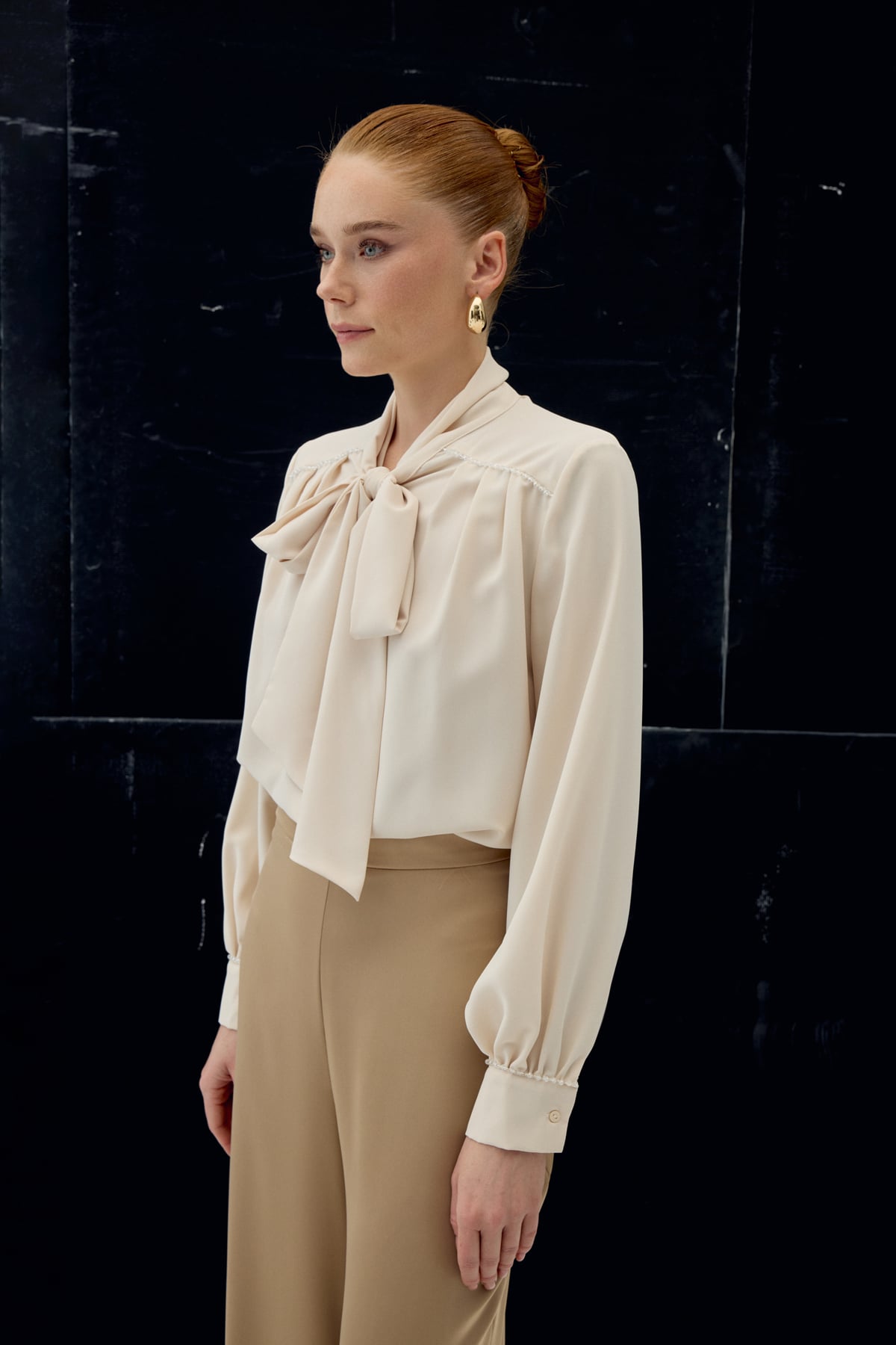 Blouse with Accessory Details and Scarf - Beıge