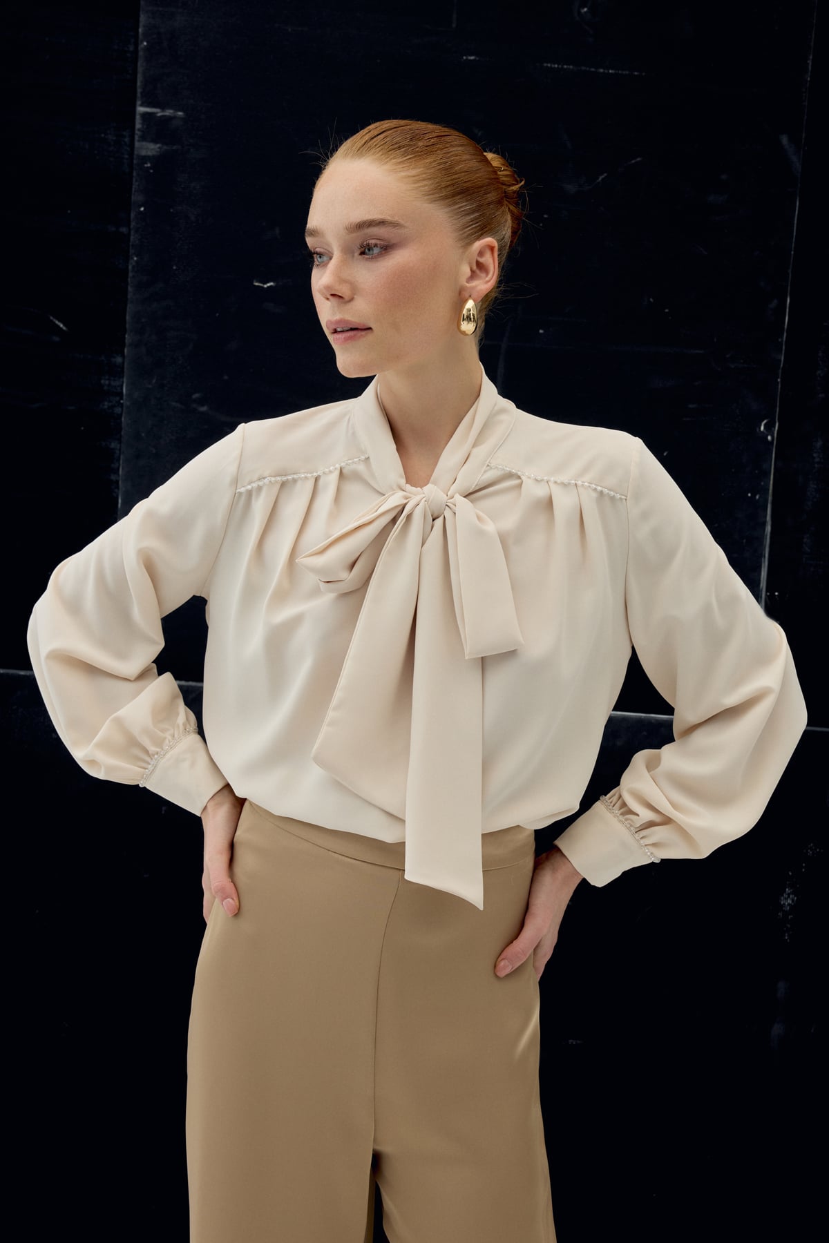 Blouse with Accessory Details and Scarf - Beıge