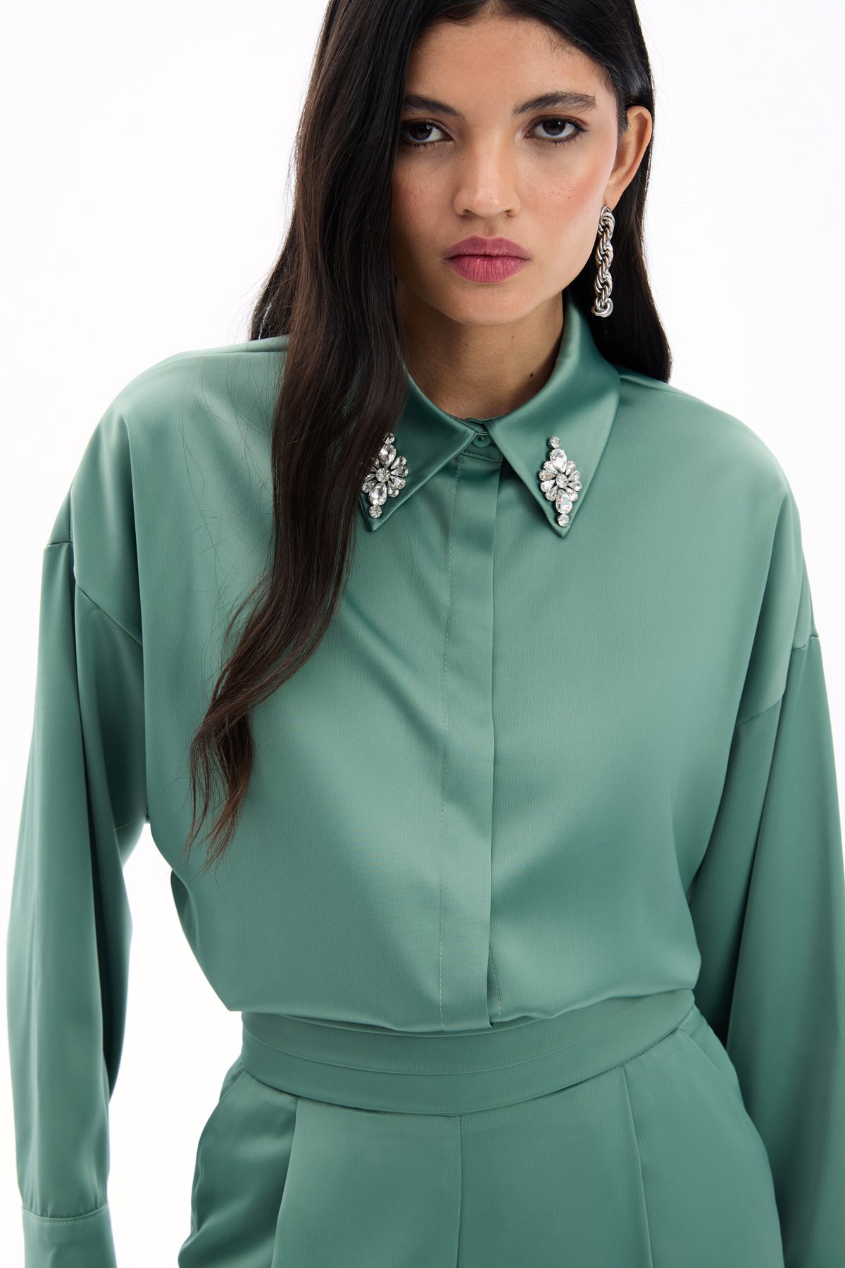 Aksesuar Detaylı Gömlek - Çağla Yeşili