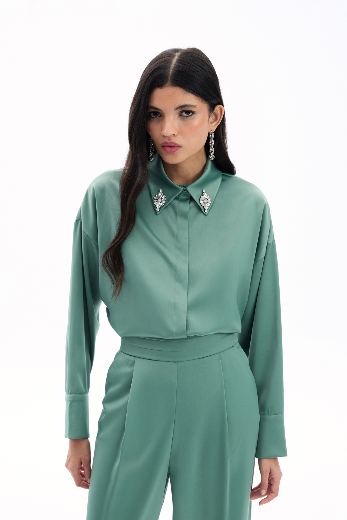 Aksesuar Detaylı Gömlek - Çağla Yeşili
