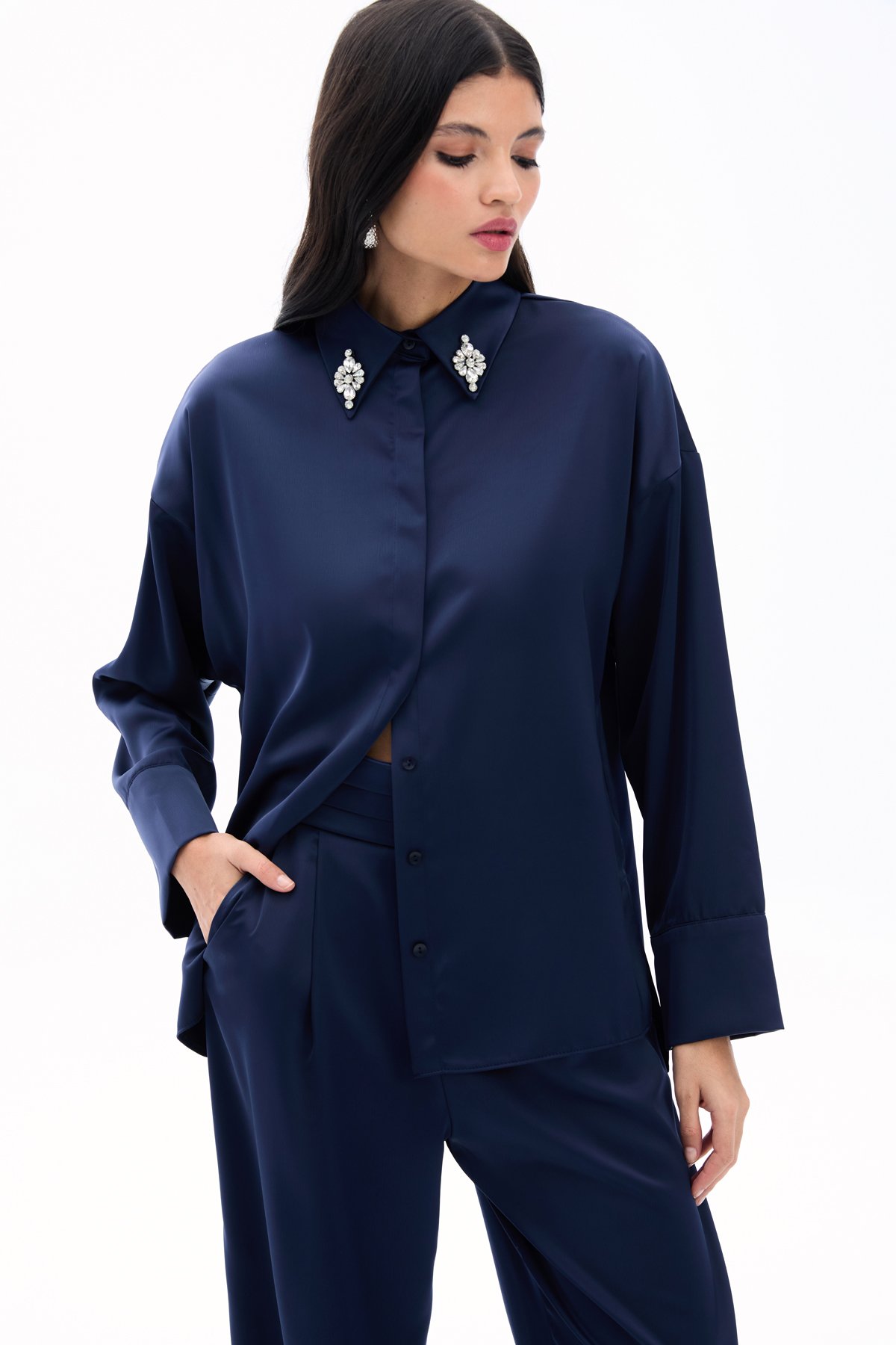 Aksesuar Detaylı Gömlek - Lacivert