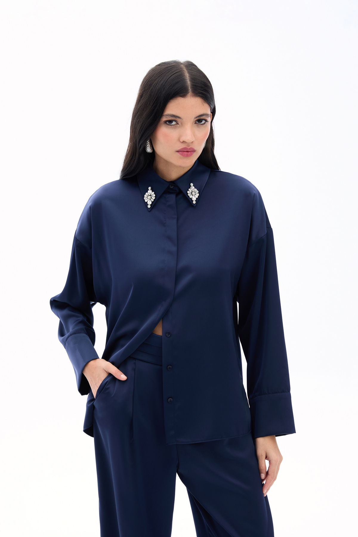 Aksesuar Detaylı Gömlek - Lacivert