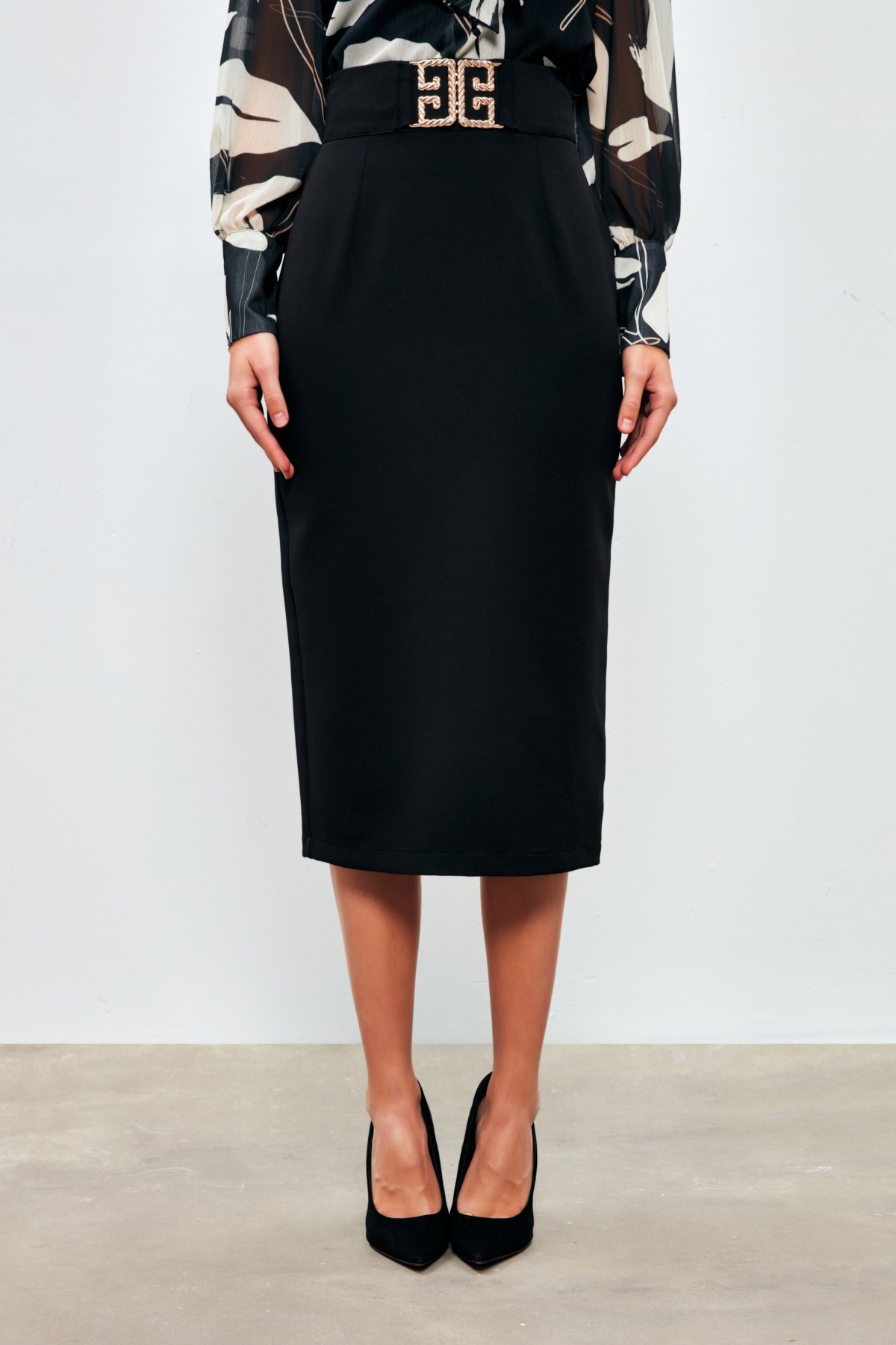 Pencil Skirt with Accessory Detail - BLACK