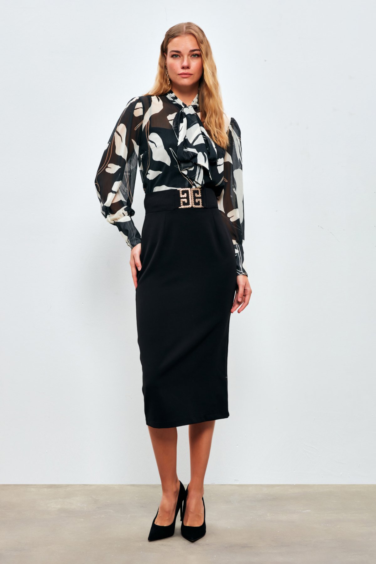Pencil Skirt with Accessory Detail - BLACK