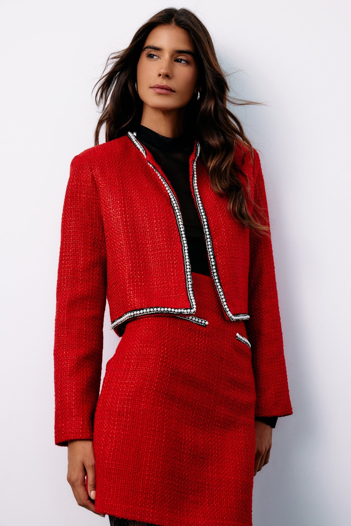 Aksesuar Detaylı Tüvit Ceket - KIRMIZI